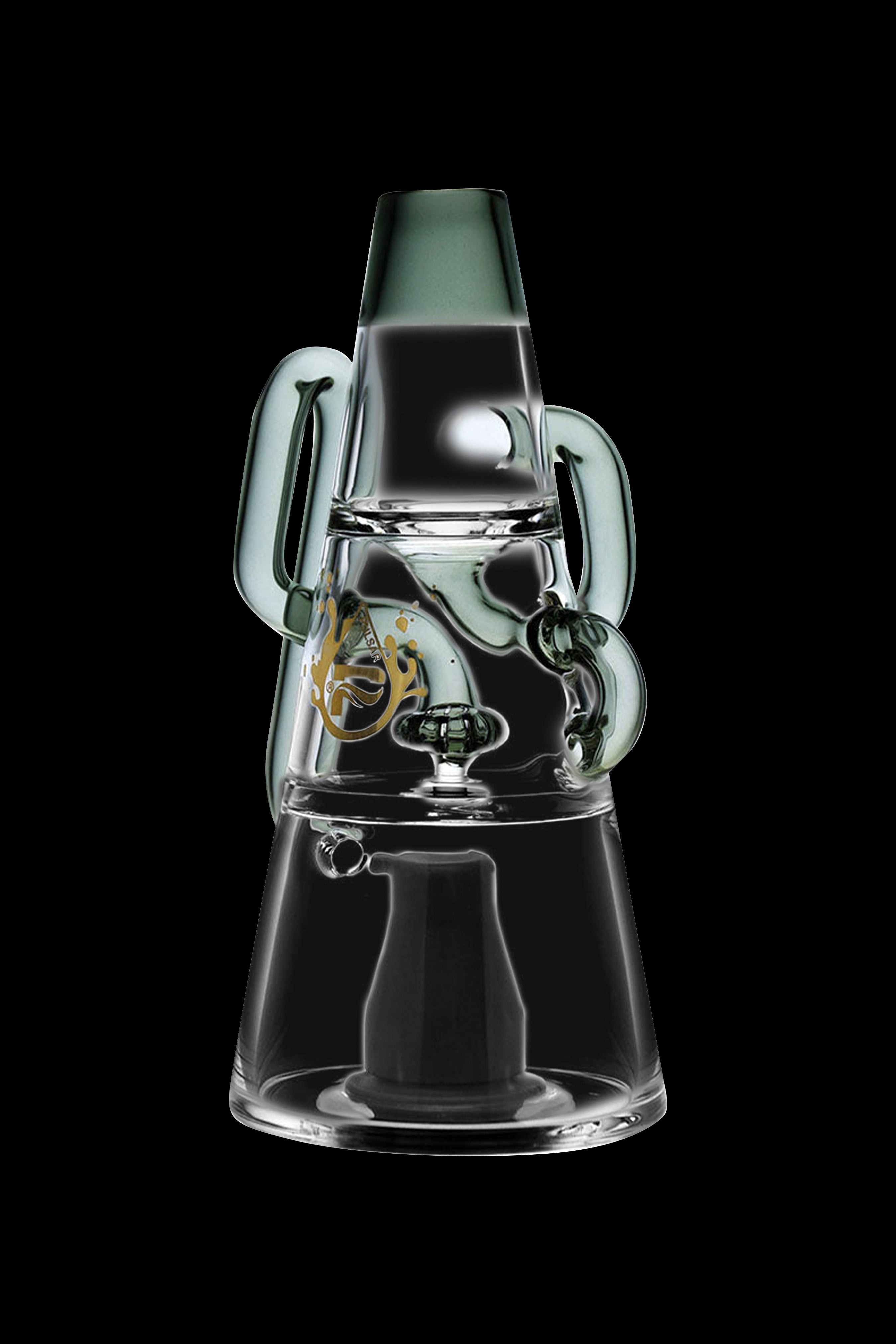 Clear glass water pipe (rig) with green accents, isolated on a black background.