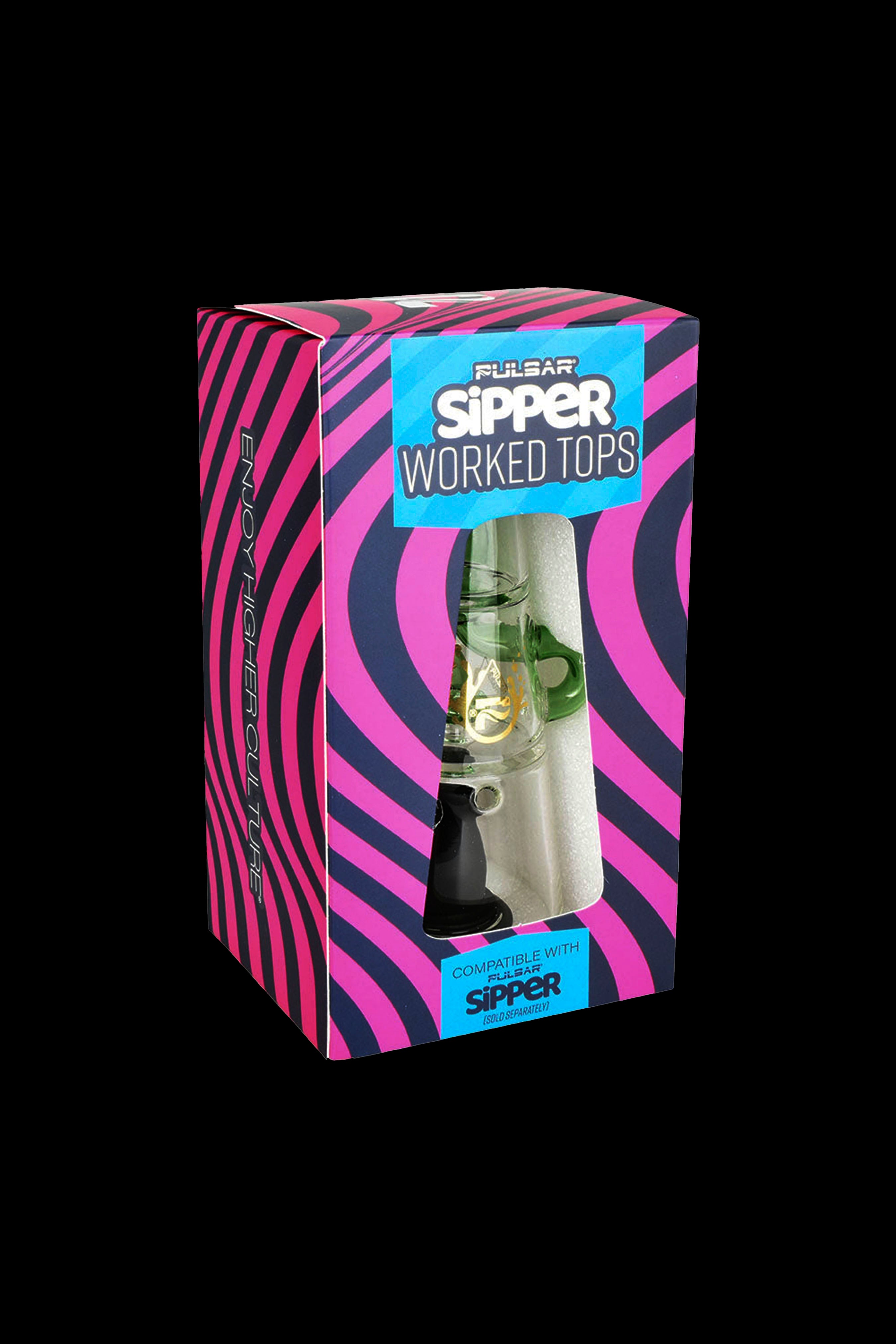 Colorful packaging for Pulsar Sipper worked glass tops, a cannabis smoking accessory.