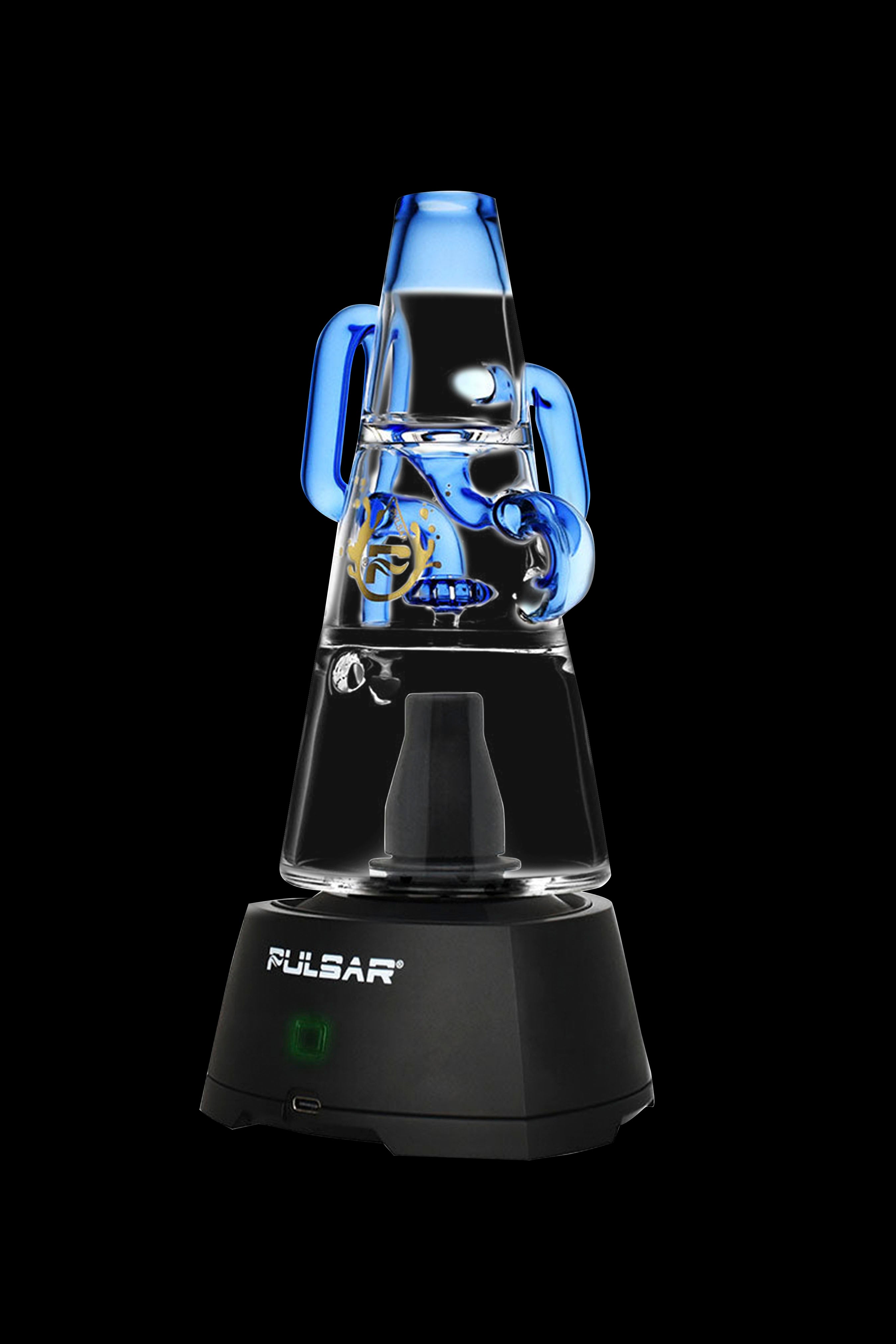 Pulsar vaporizer with a blue glass water pipe attachment, displayed against a black background.