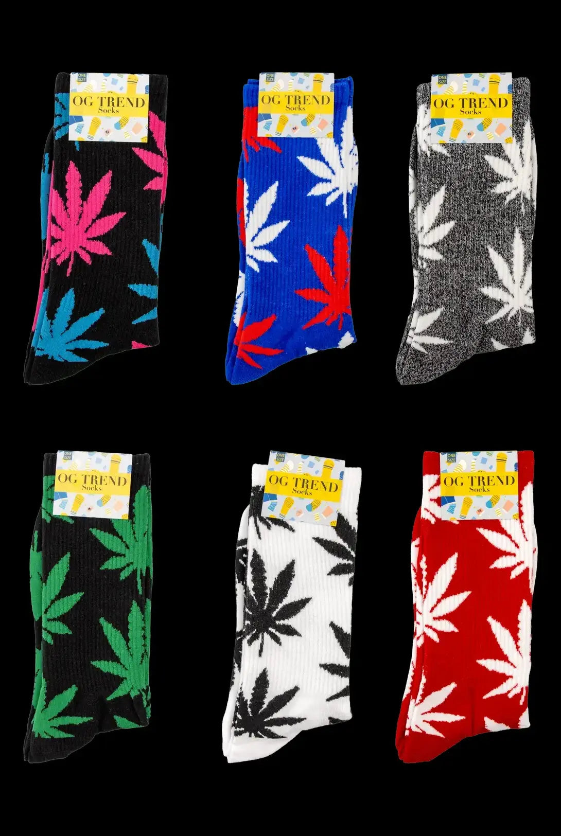 Front view of the Og Trend Cannabis Leaf socks with a repeating green leaf pattern on a white background.