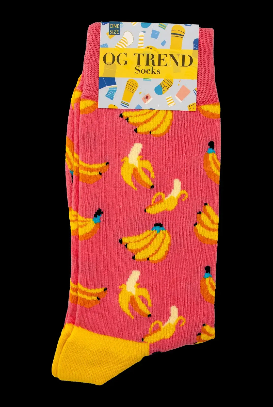Pink socks with a repeating banana pattern, packaged with a tag reading “OG Trend” in a cannabis-themed design.