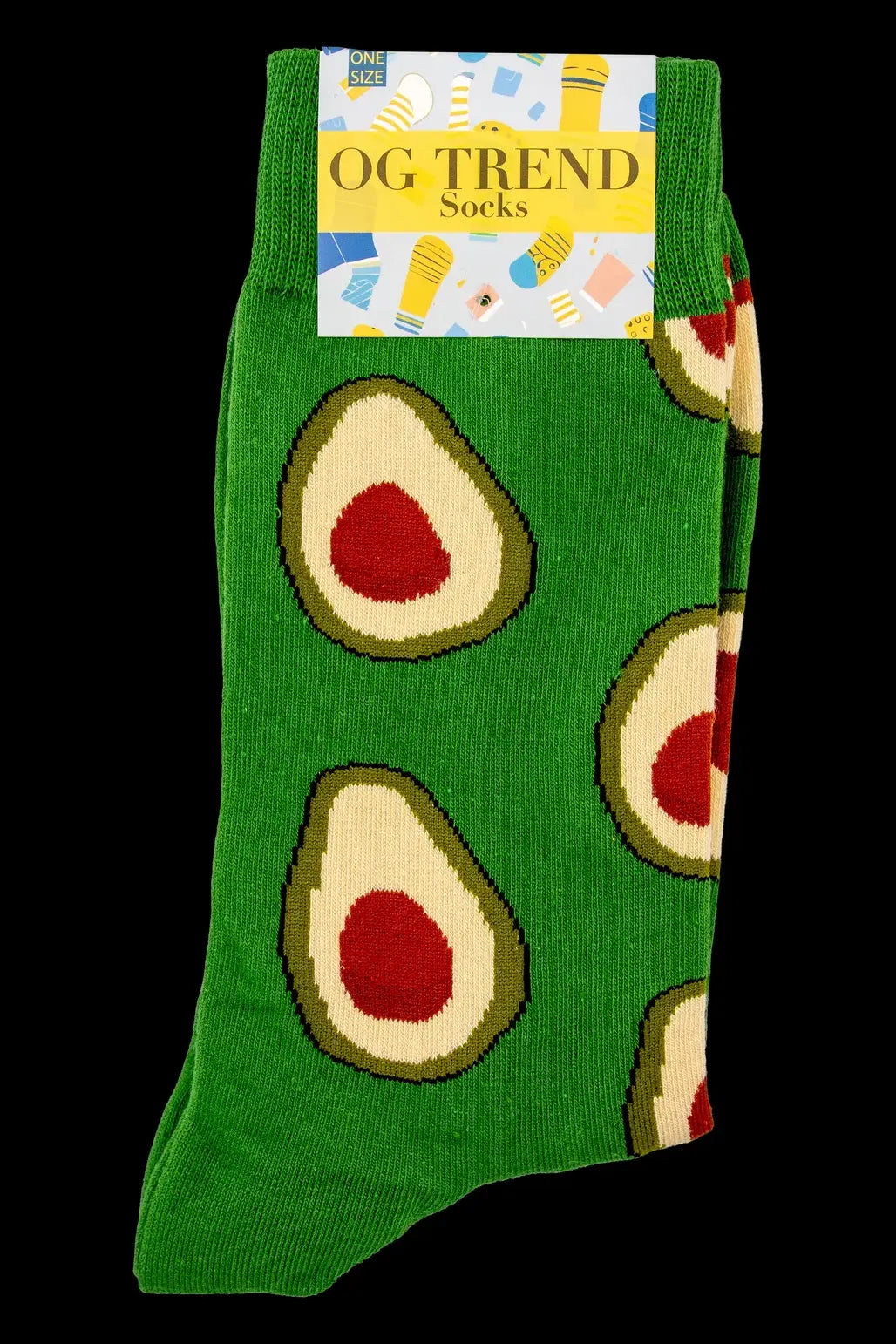 Green crew socks patterned with avocado halves, tagged “OG Trend Socks.”