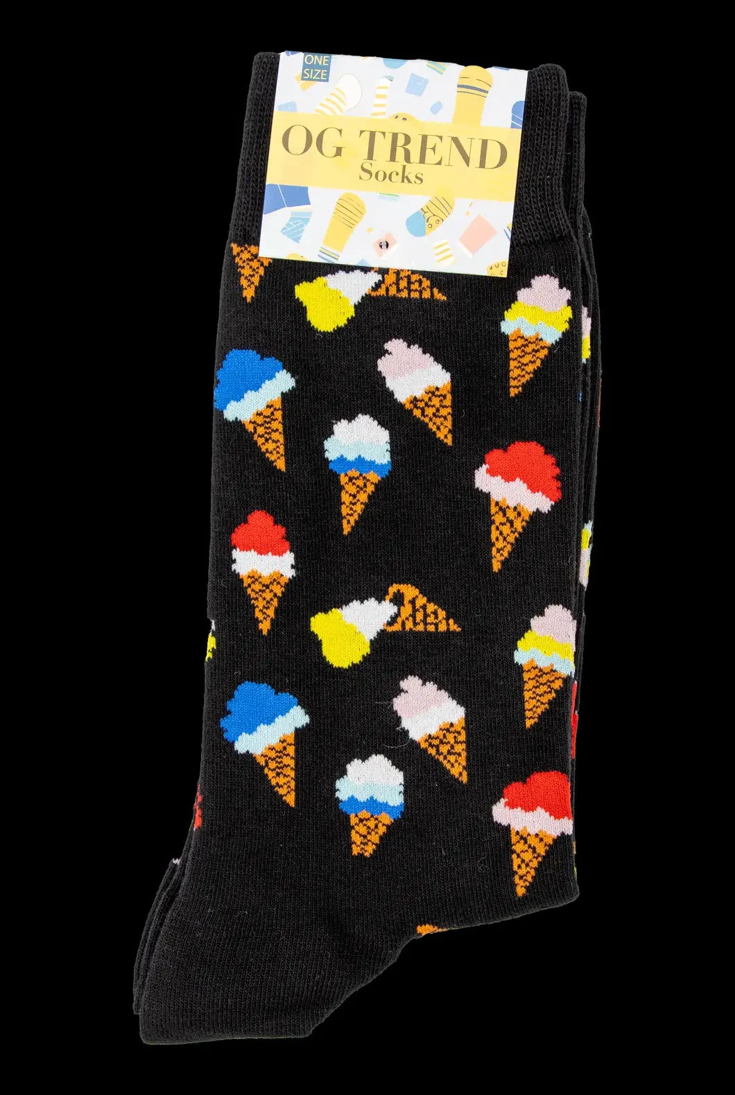 Black socks with an all-over print of colorful cannabis bud illustrations, tagged "OG Trend Socks."