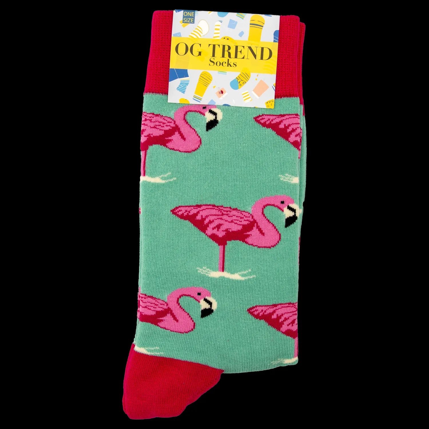 Bright pink and teal flamingo-patterned socks packaged with a “OG Trend” label, likely a cannabis accessory.