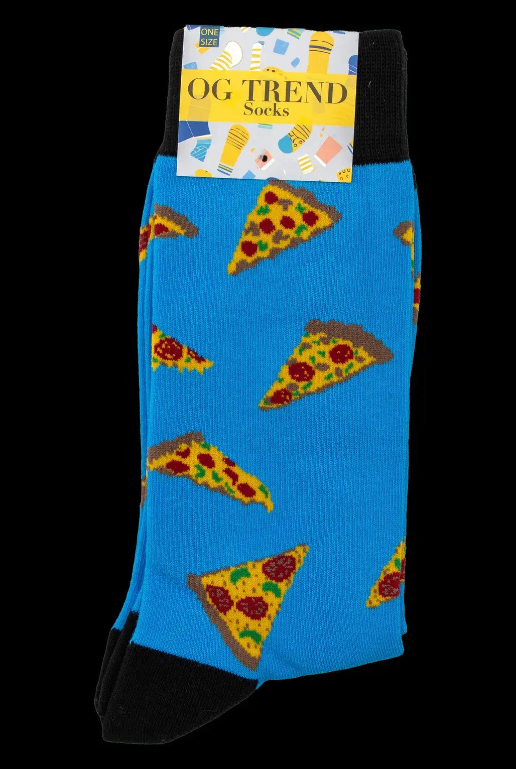 Blue socks patterned with pizza slices, packaged with a “OG Trend” label, likely a playful cannabis accessory.
