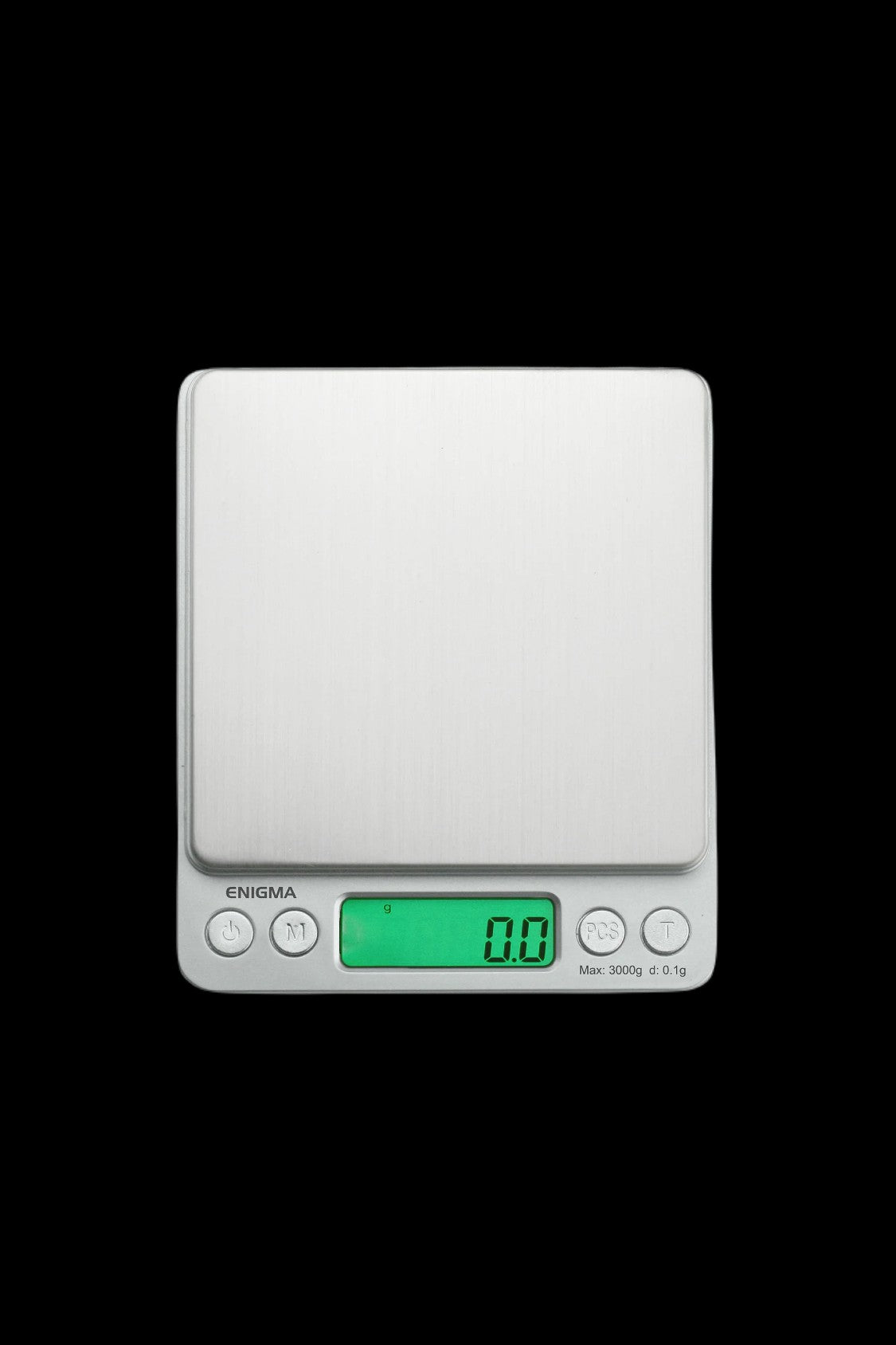 Digital scale with a white platform and green display, commonly used for measuring cannabis.