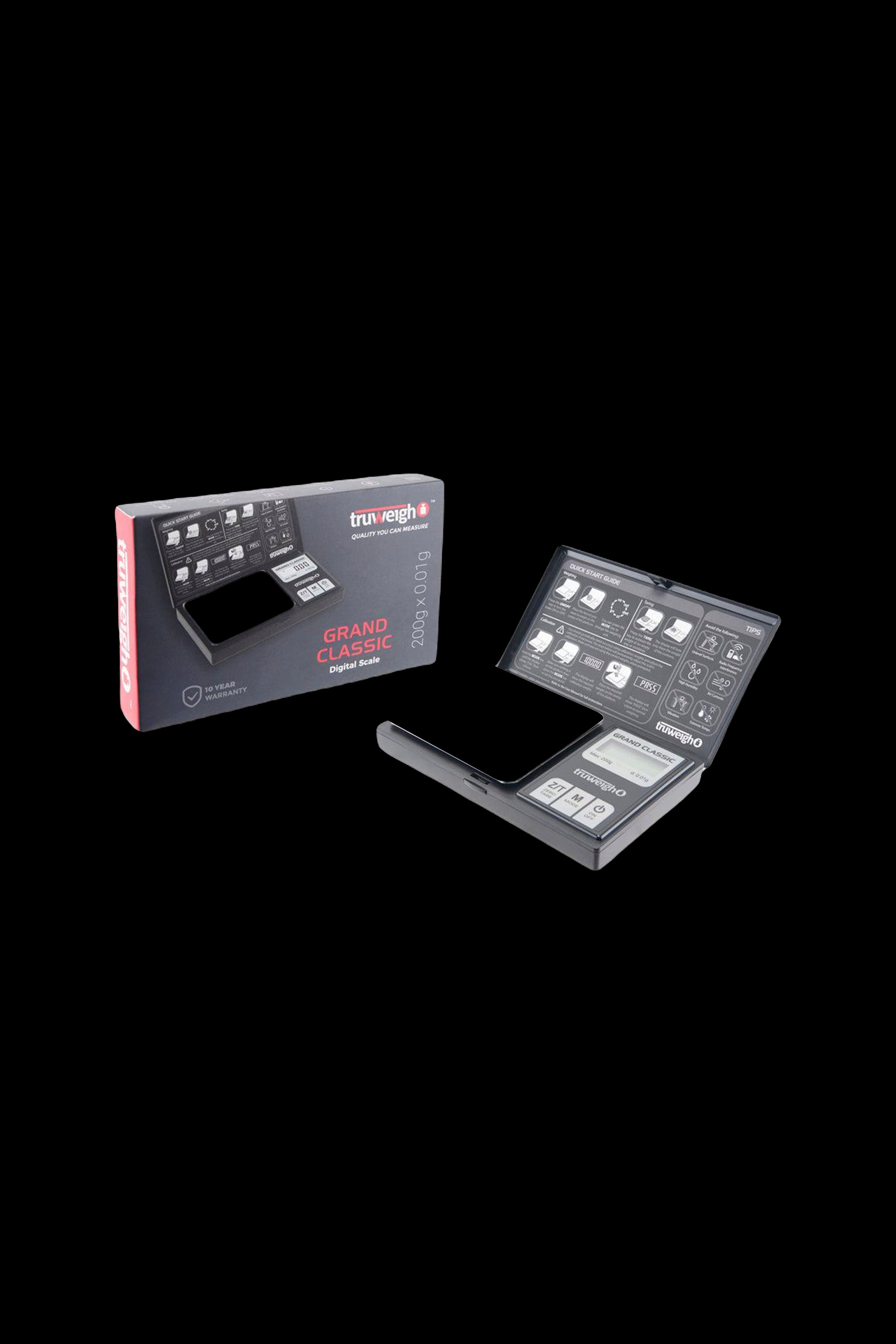 Angled studio shot of the open Truweigh Grand Classic Digital Scale - 200g x 0.01g showing its glossy weighing pan, LCD display and boxed packaging on a black background