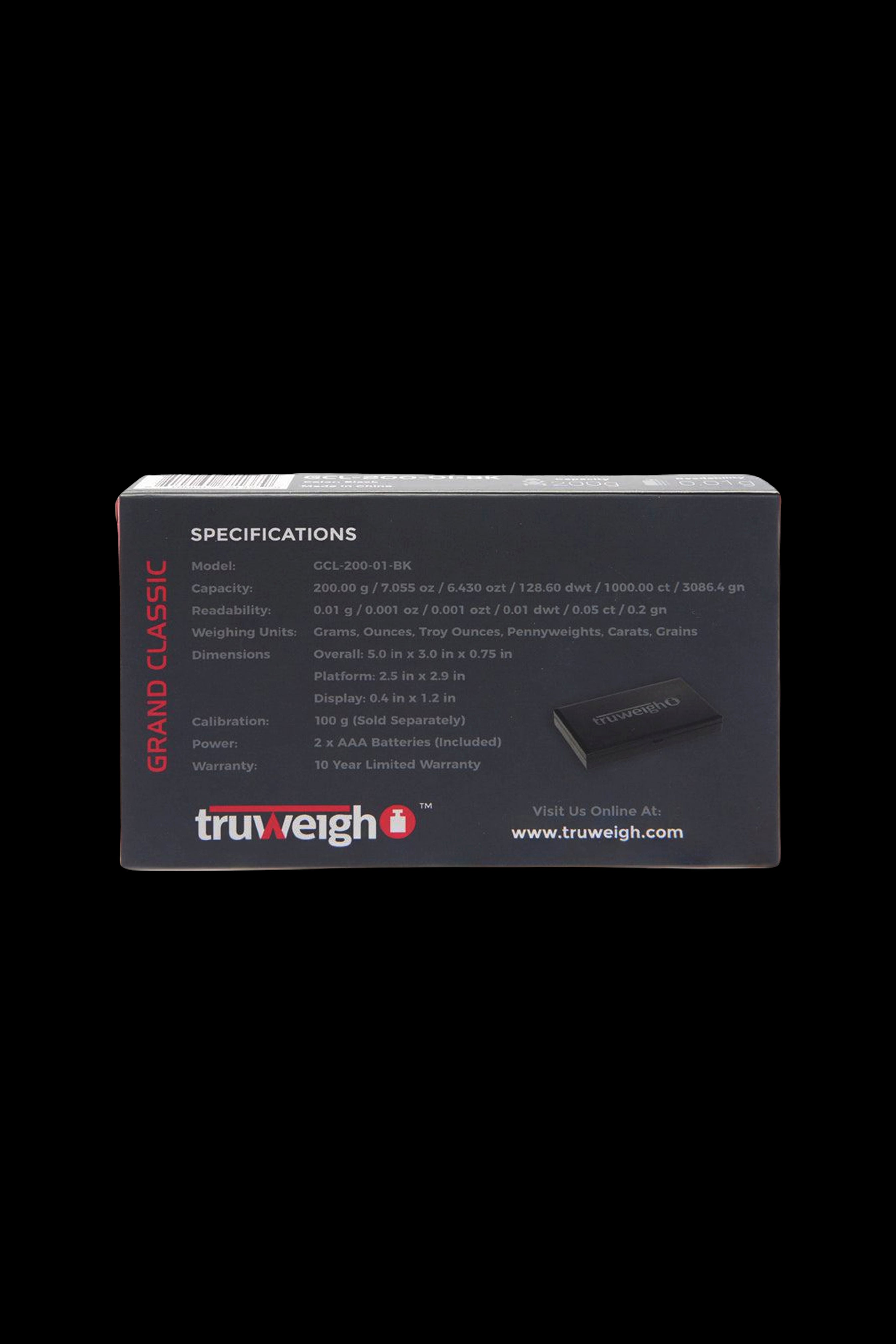Top-front view of the box for the Truweigh Grand Classic Digital Scale - 200g x 0.01g showing specifications text and a small product photo on a black background.