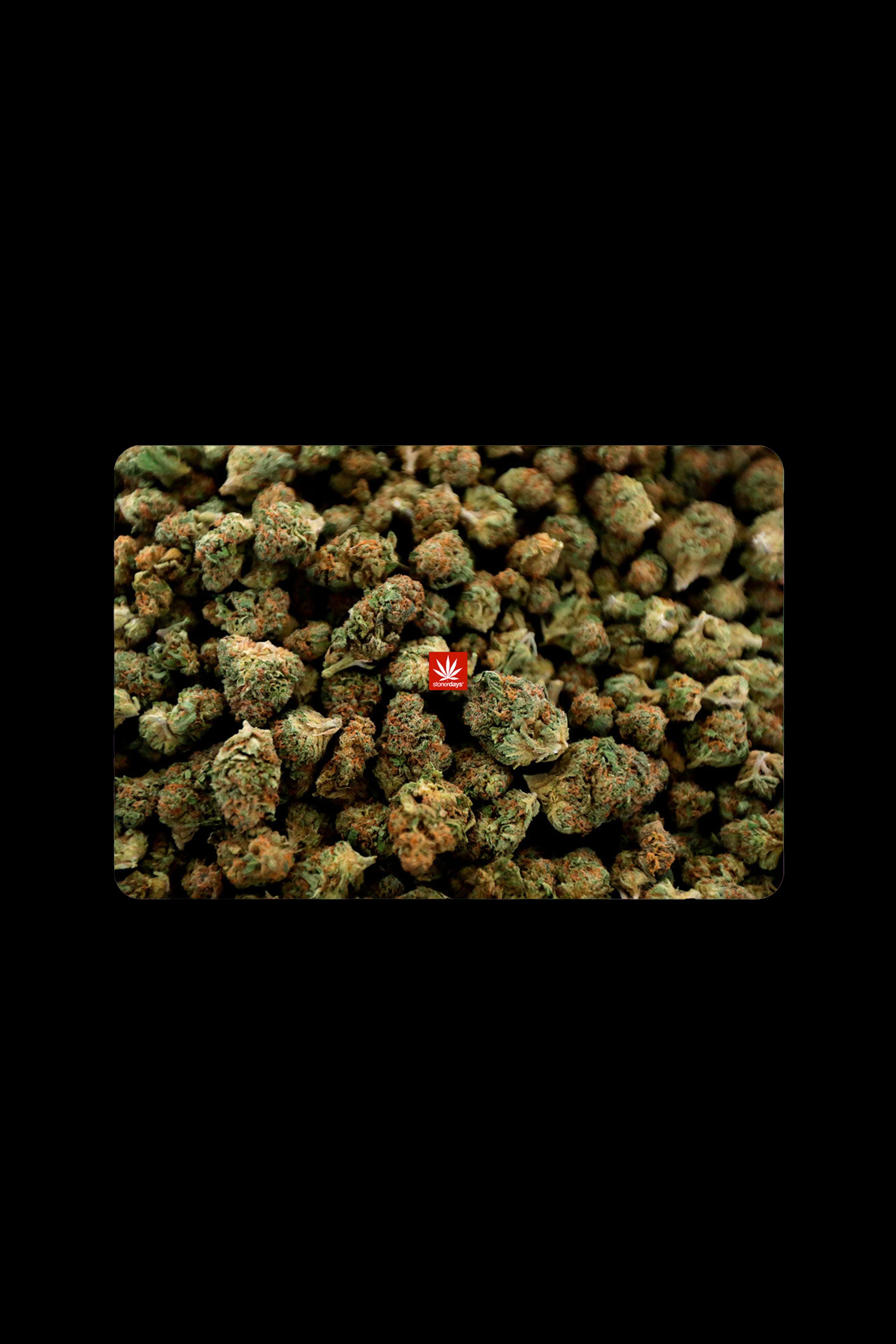 Close-up of cannabis buds with a red and white leaf logo centered in the frame.