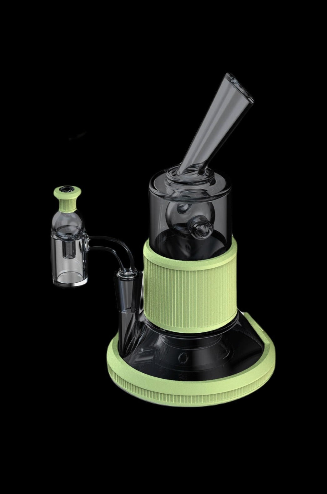 A sleek, modern glass rig with lime green accents, including a quartz banger for cannabis concentrates.