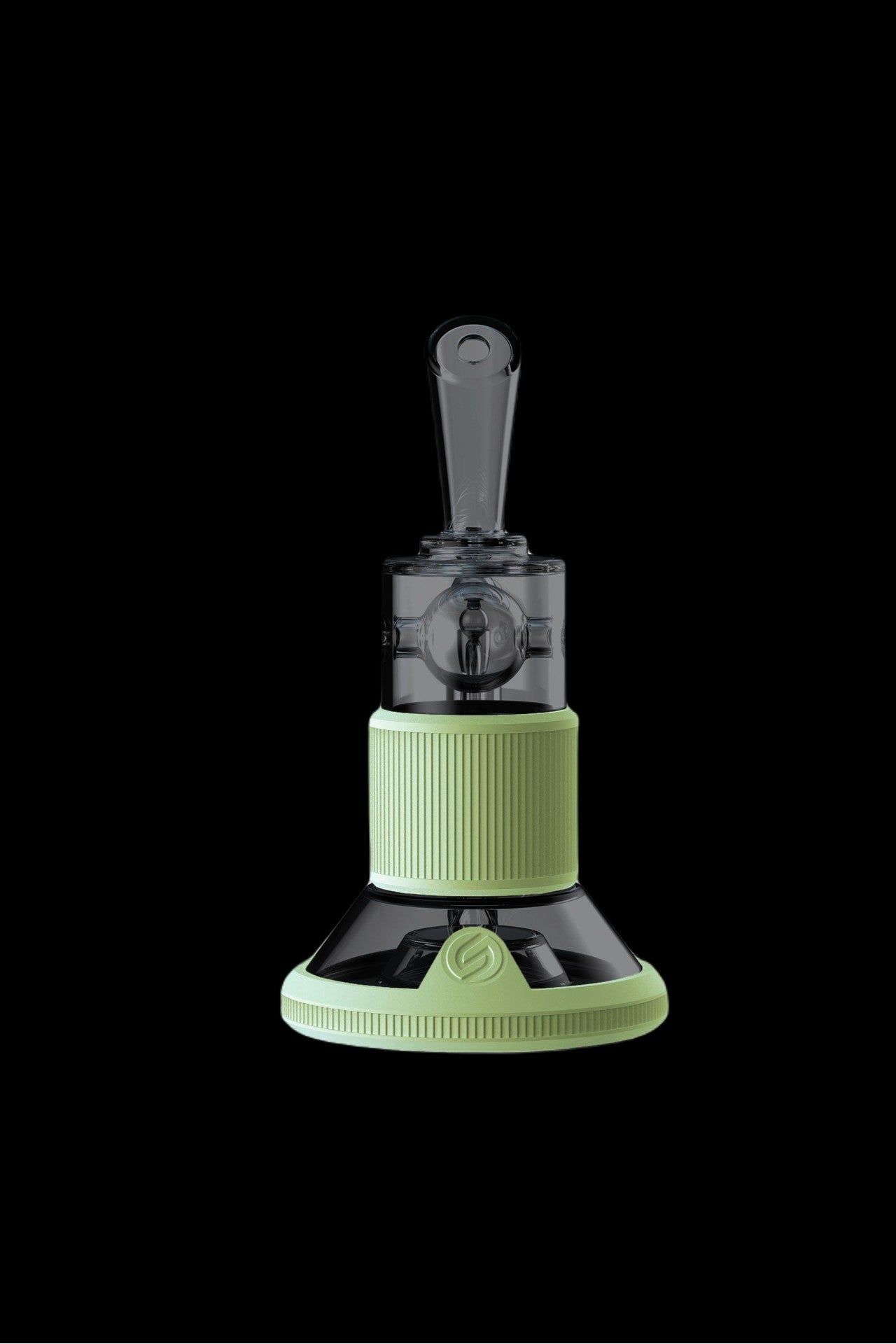 Green cannabis dab rig with transparent glass components, isolated on a black background.