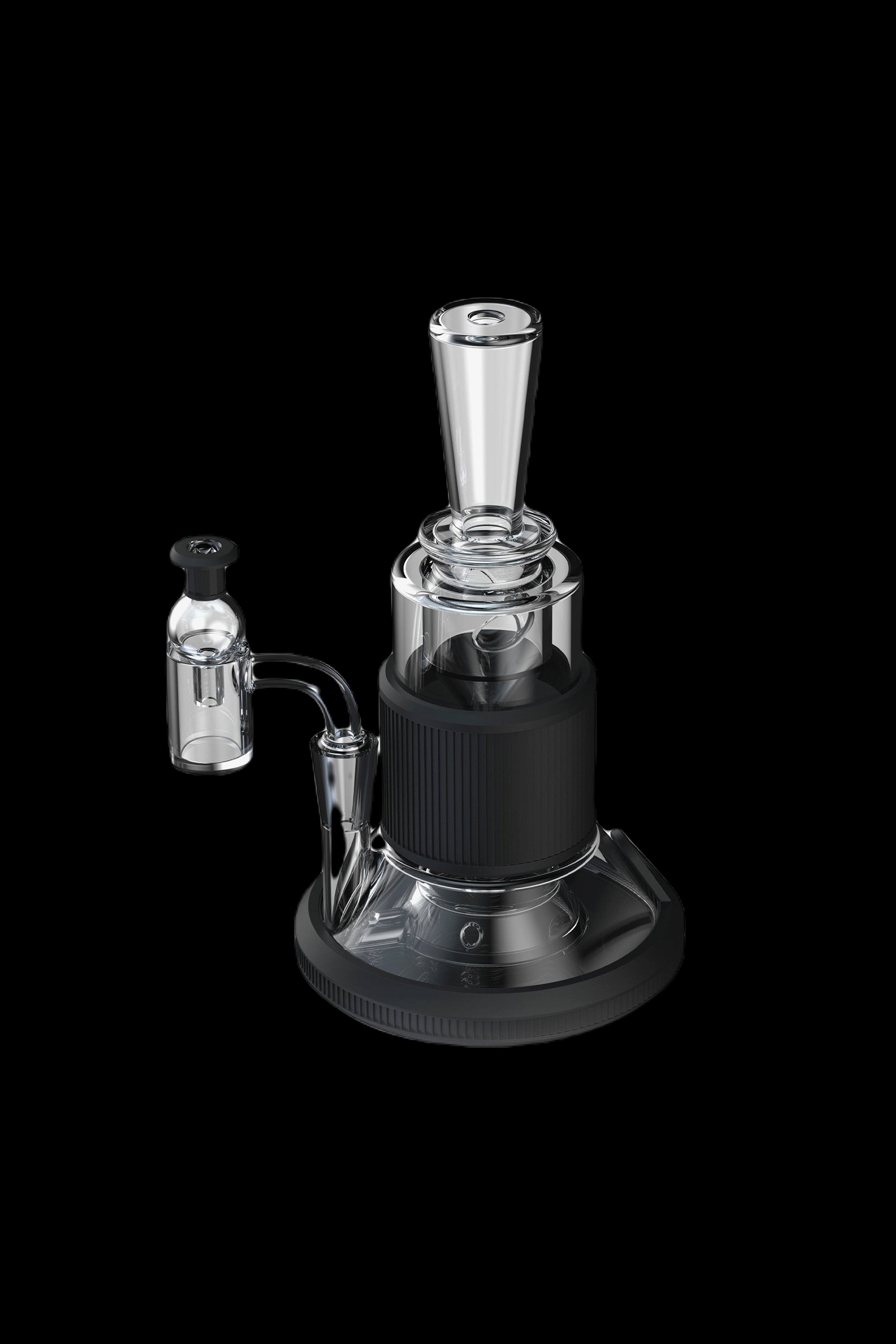 Black and glass dab rig with quartz insert, isolated on a black background.