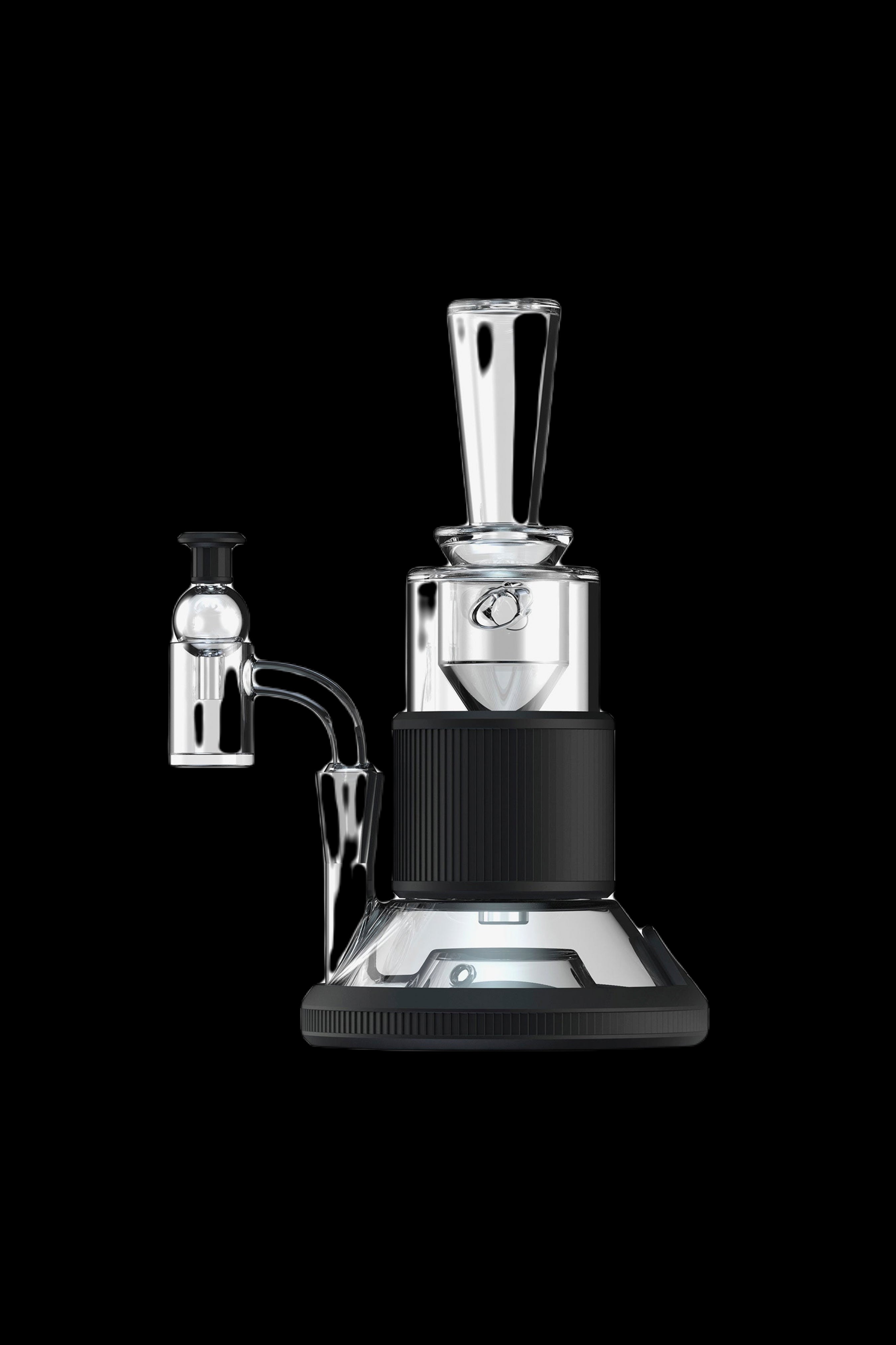 Clear glass dab rig with black accents, studio shot on black background.