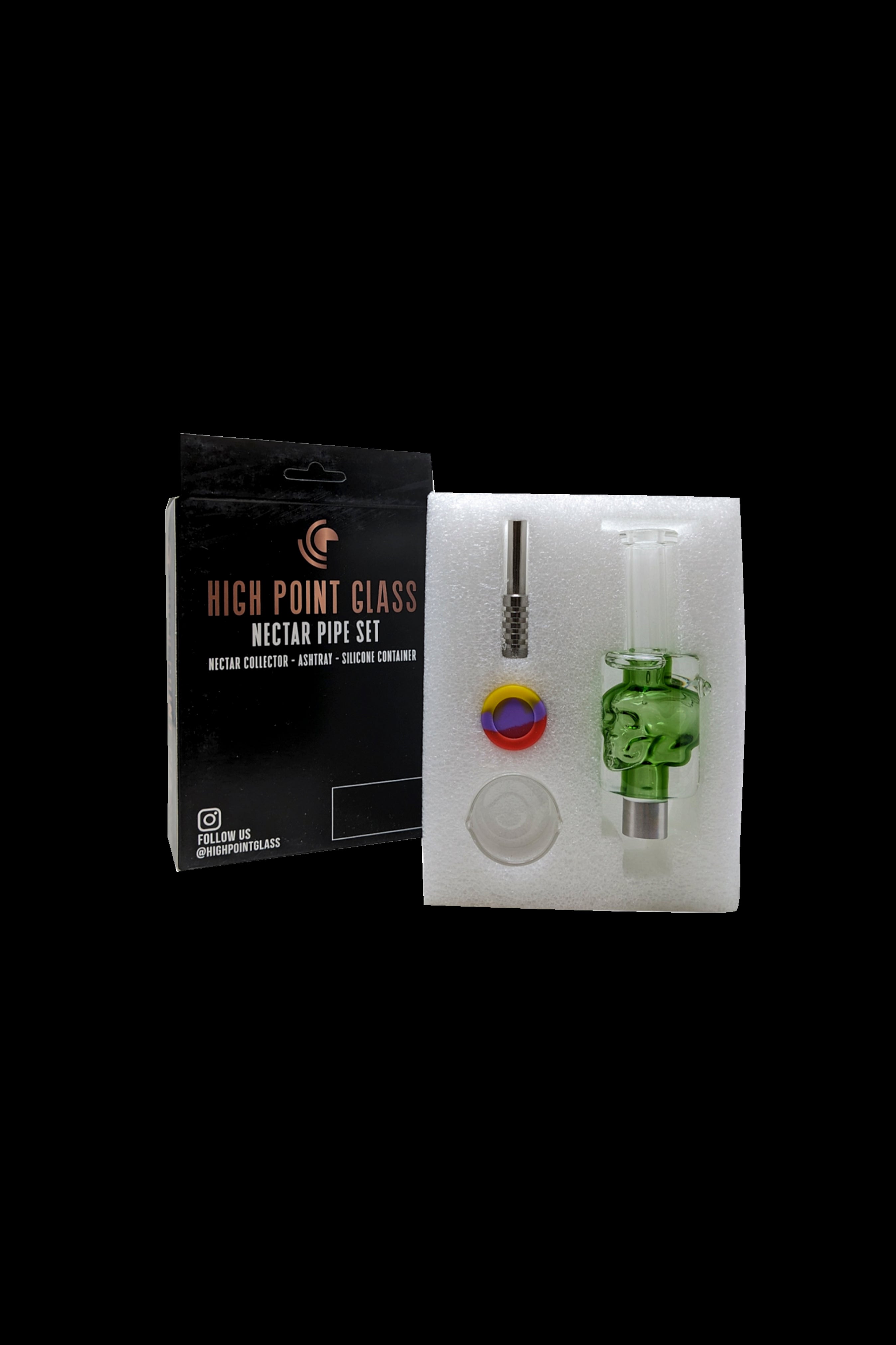 Product packaging for “High Point Glass” nectar pipe set, including a collector, ashtray, and silicone container, displayed on a white surface.