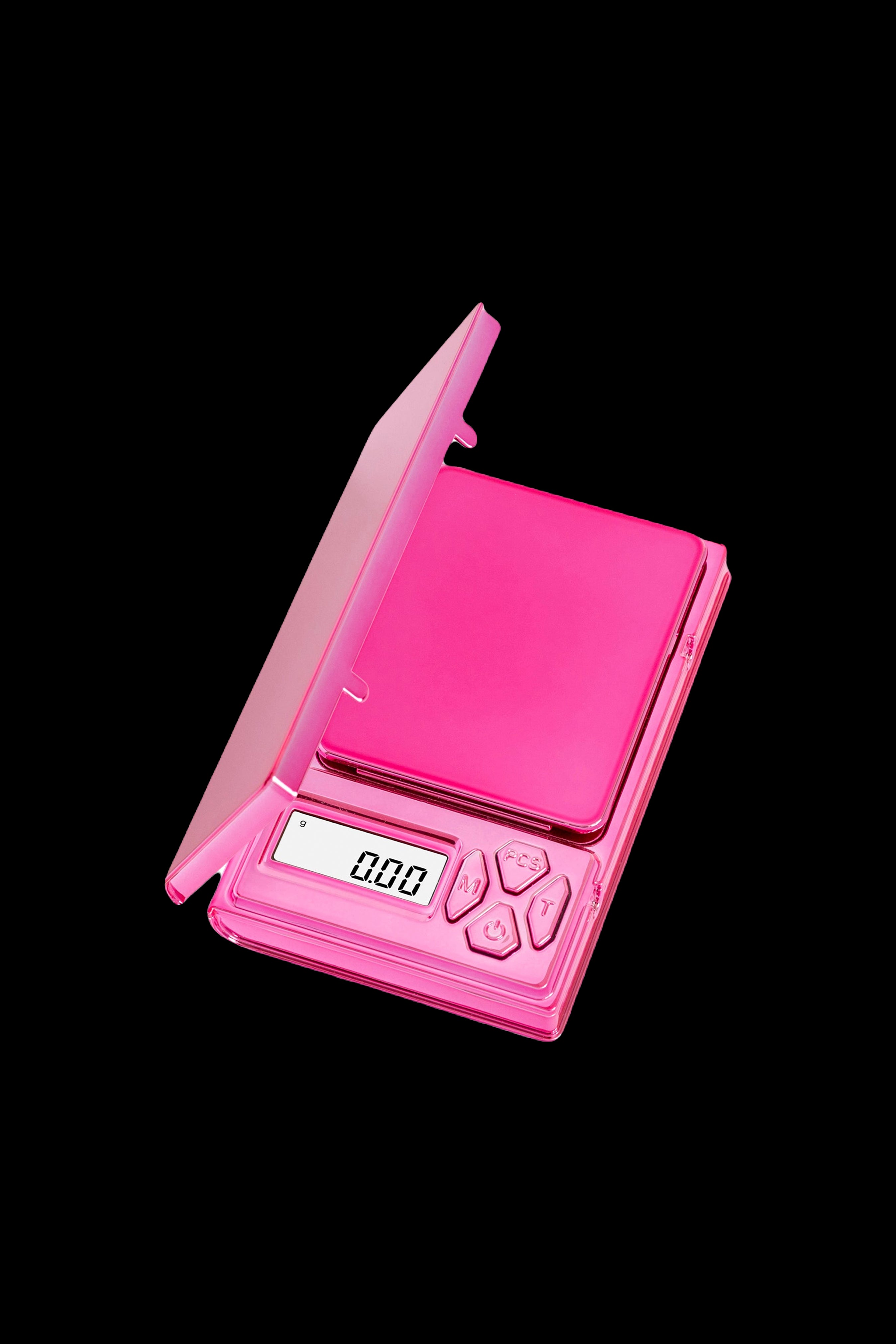 Pink digital scale for measuring cannabis.