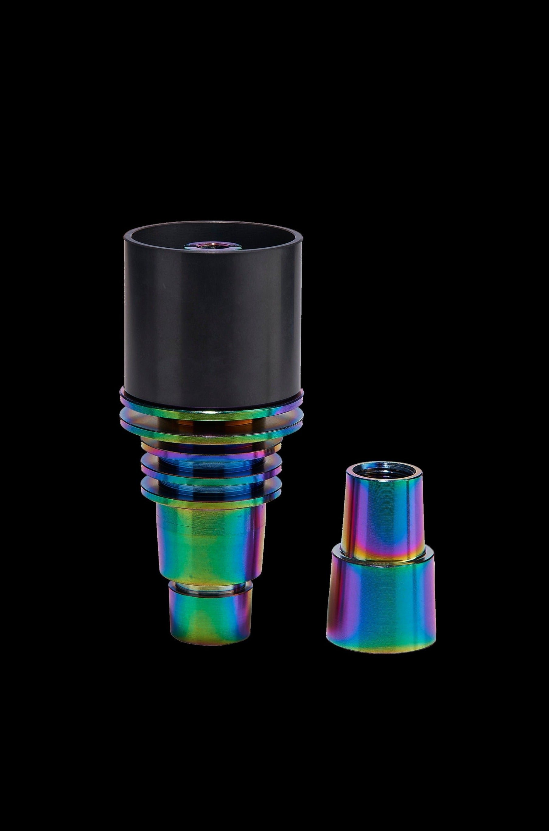 Iridescent titanium dab rig attachments on a black background.