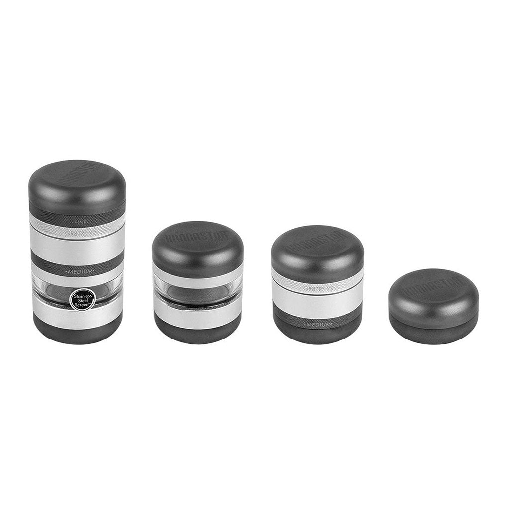 Row of four RYOT GR8TR Jar Body Grinder units shown from front with one taller assembled on left and three progressively disassembled on white background