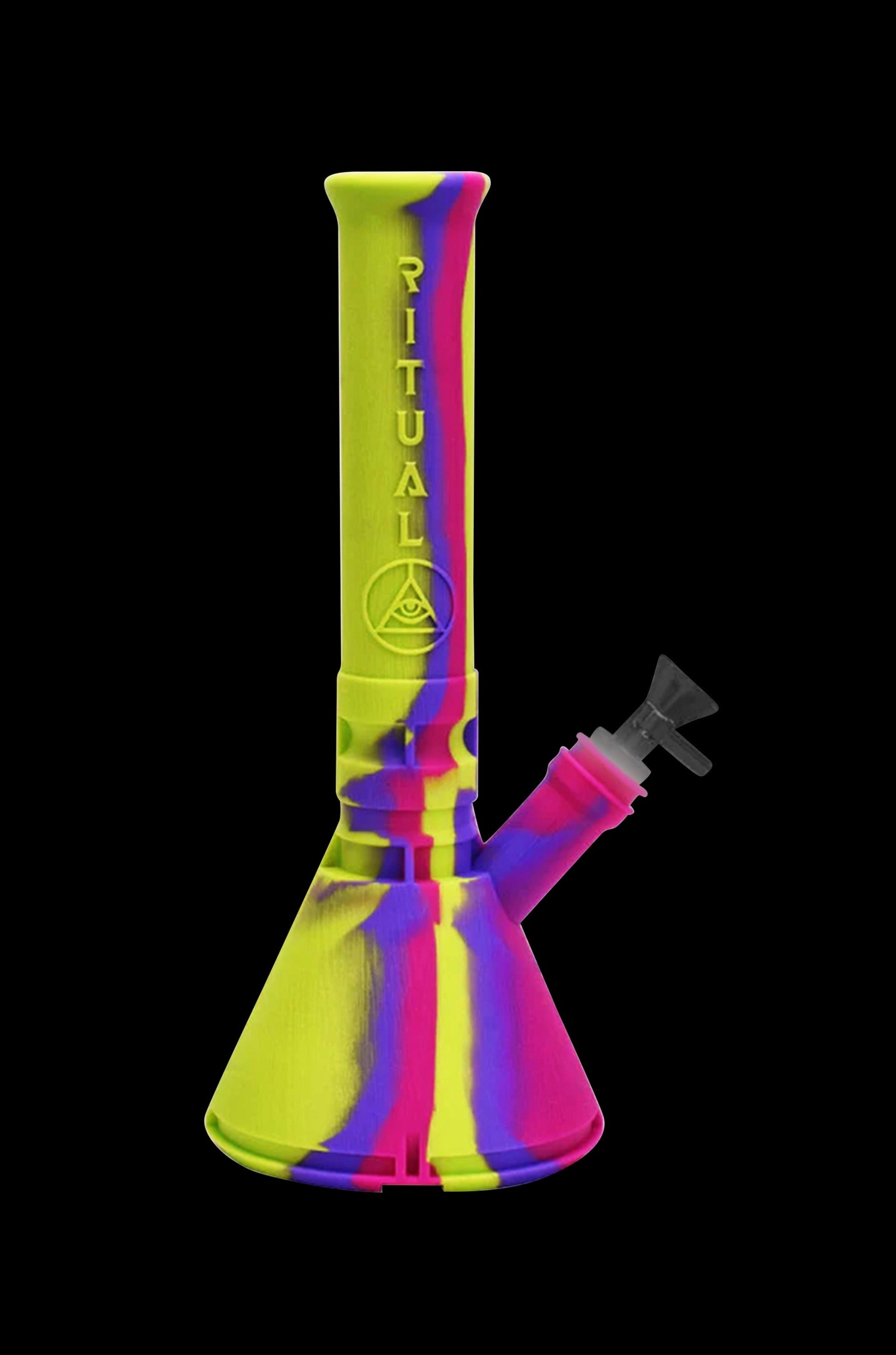 A colorful silicone water pipe (bong) with a patterned design and a removable downstem.