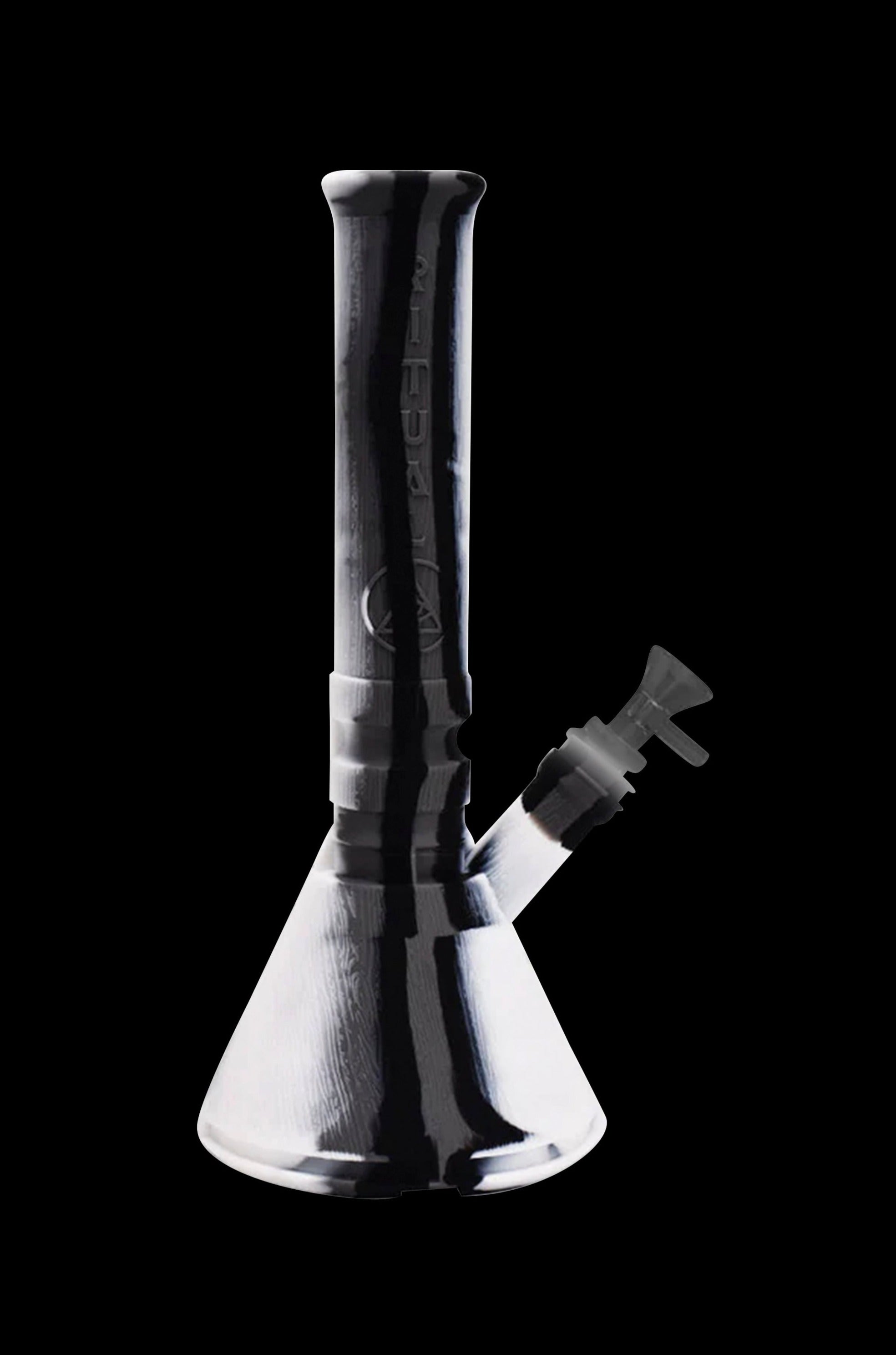 Black and white glass water pipe (bong) against a dark background.