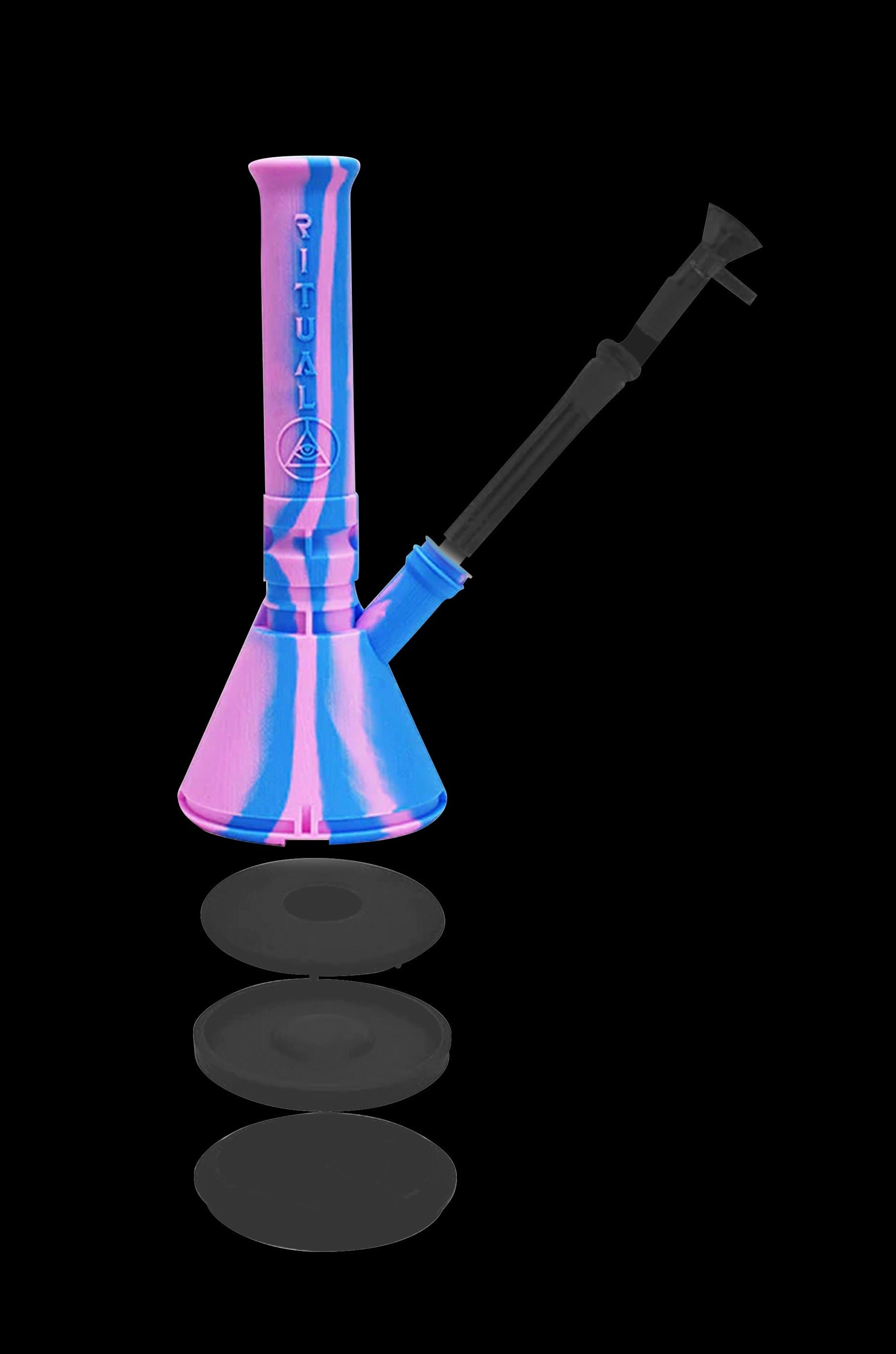 Silicone bubbler water pipe with detachable downstem, pink and blue tie-dye pattern.