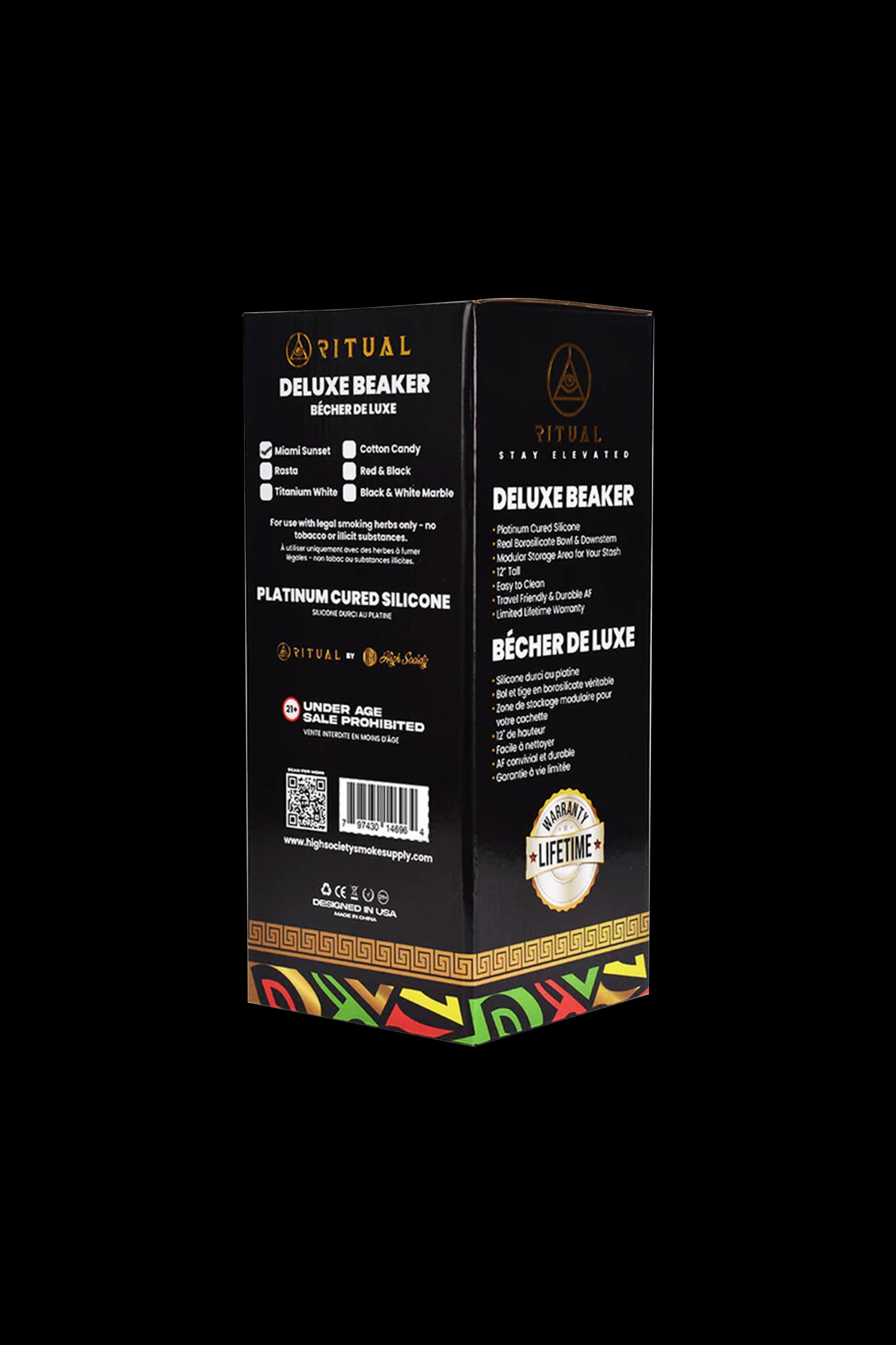 Close-up of a black and gold “Ritual Deluxe Beaker” packaging box featuring various color options and product details, with a warning label indicating for tobacco use only.