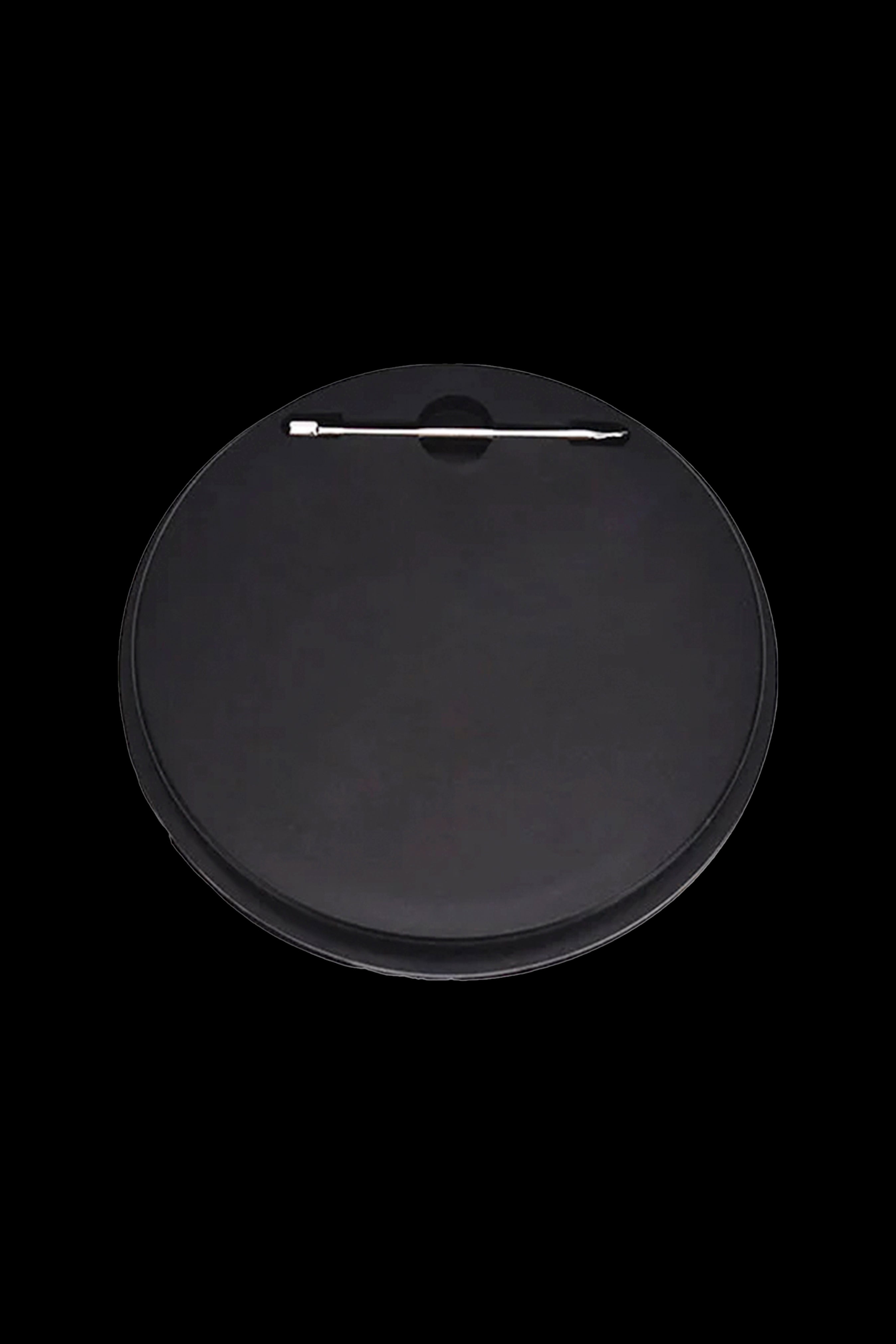 Back of a black button pin with a metal clasp.