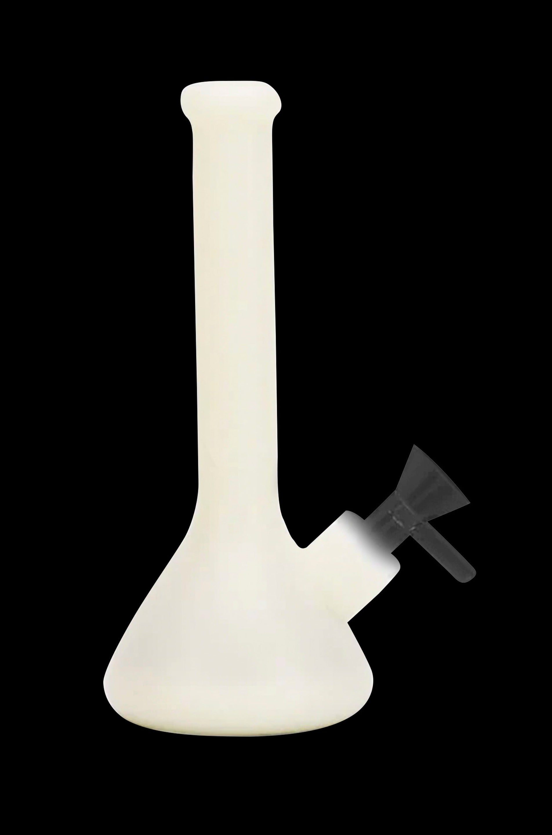 White glass bong with a flared mouthpiece, isolated on a black background.