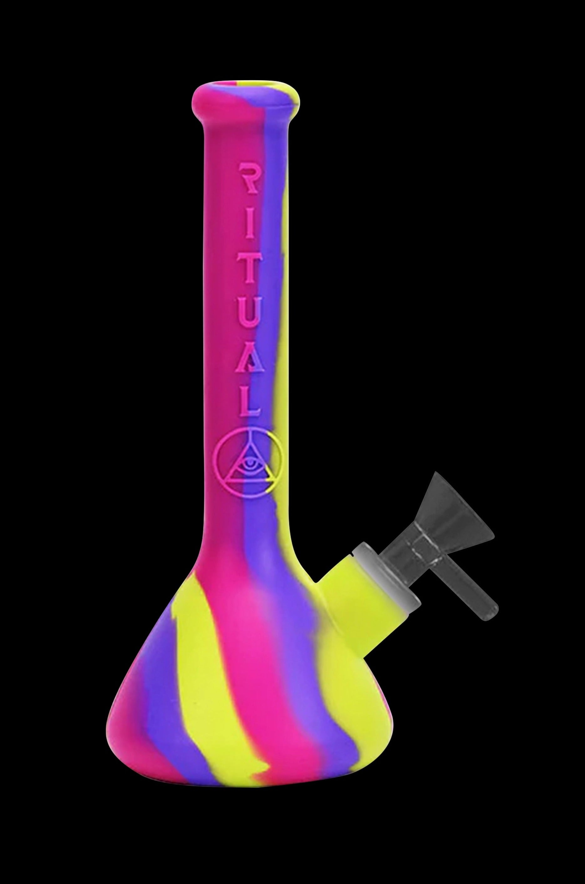 Bright pink and yellow silicone water pipe with a glass bowl.