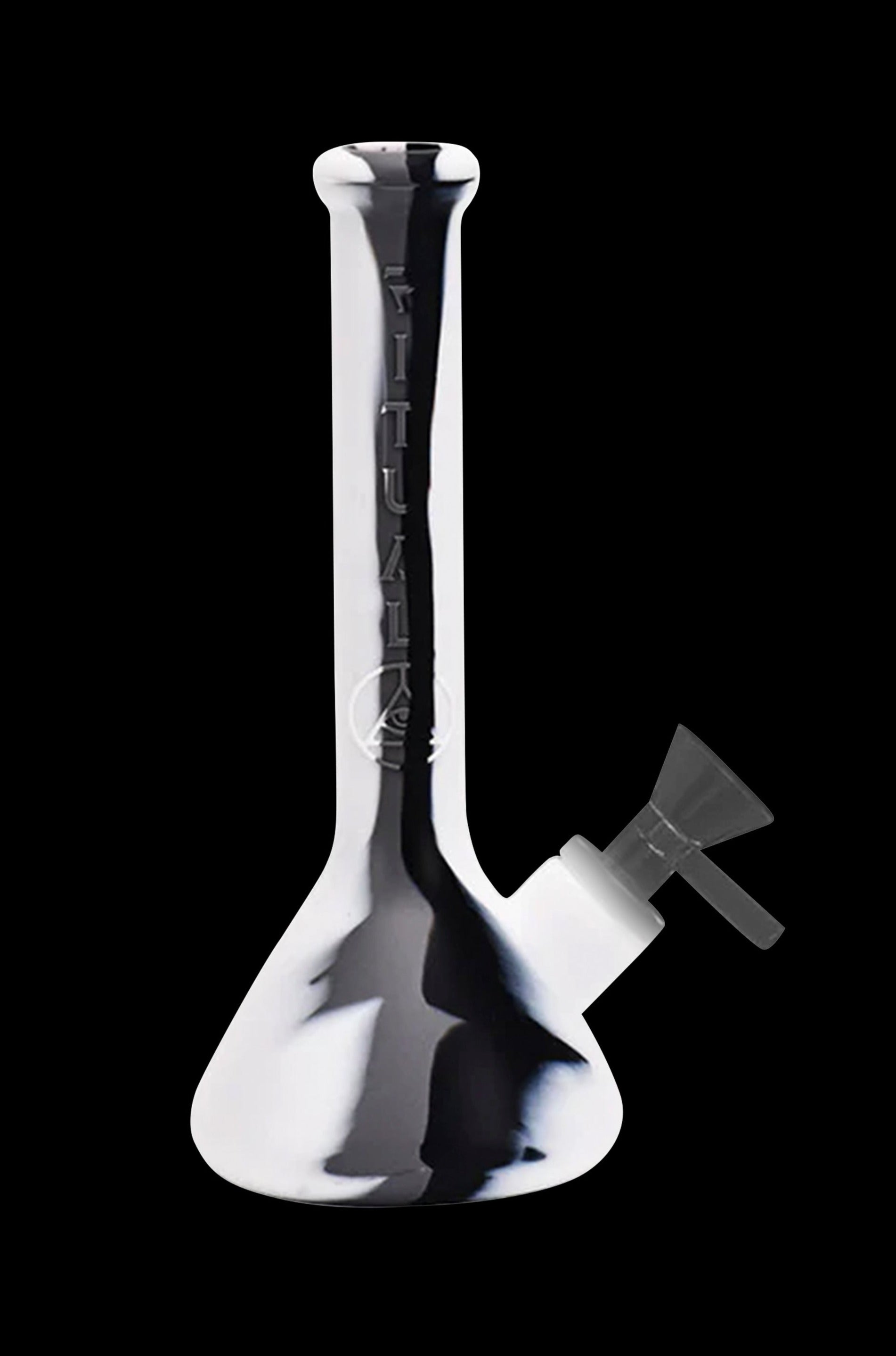 White and black glass bong with a flared mouthpiece.
