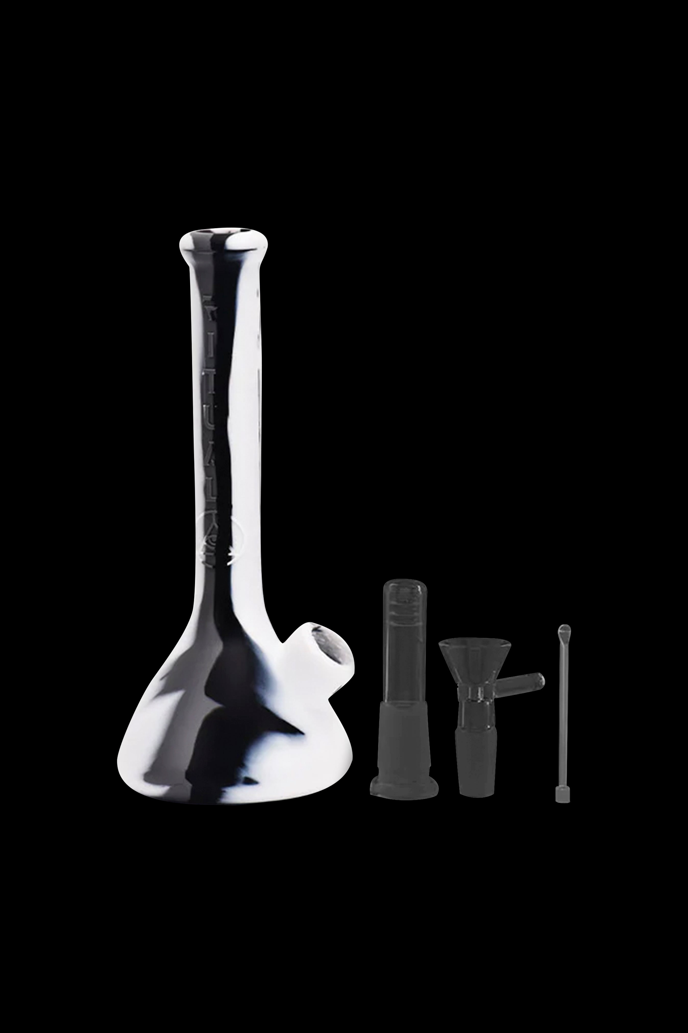 Black and white glass bong with bowl and downstem.