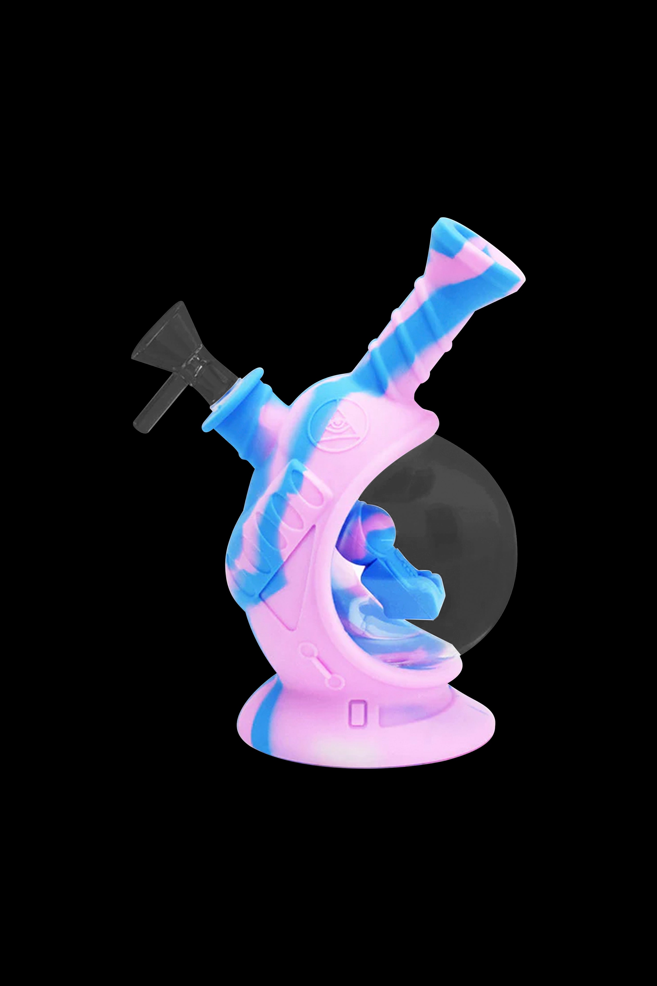 Pink and blue silicone bubbler water pipe for cannabis use.