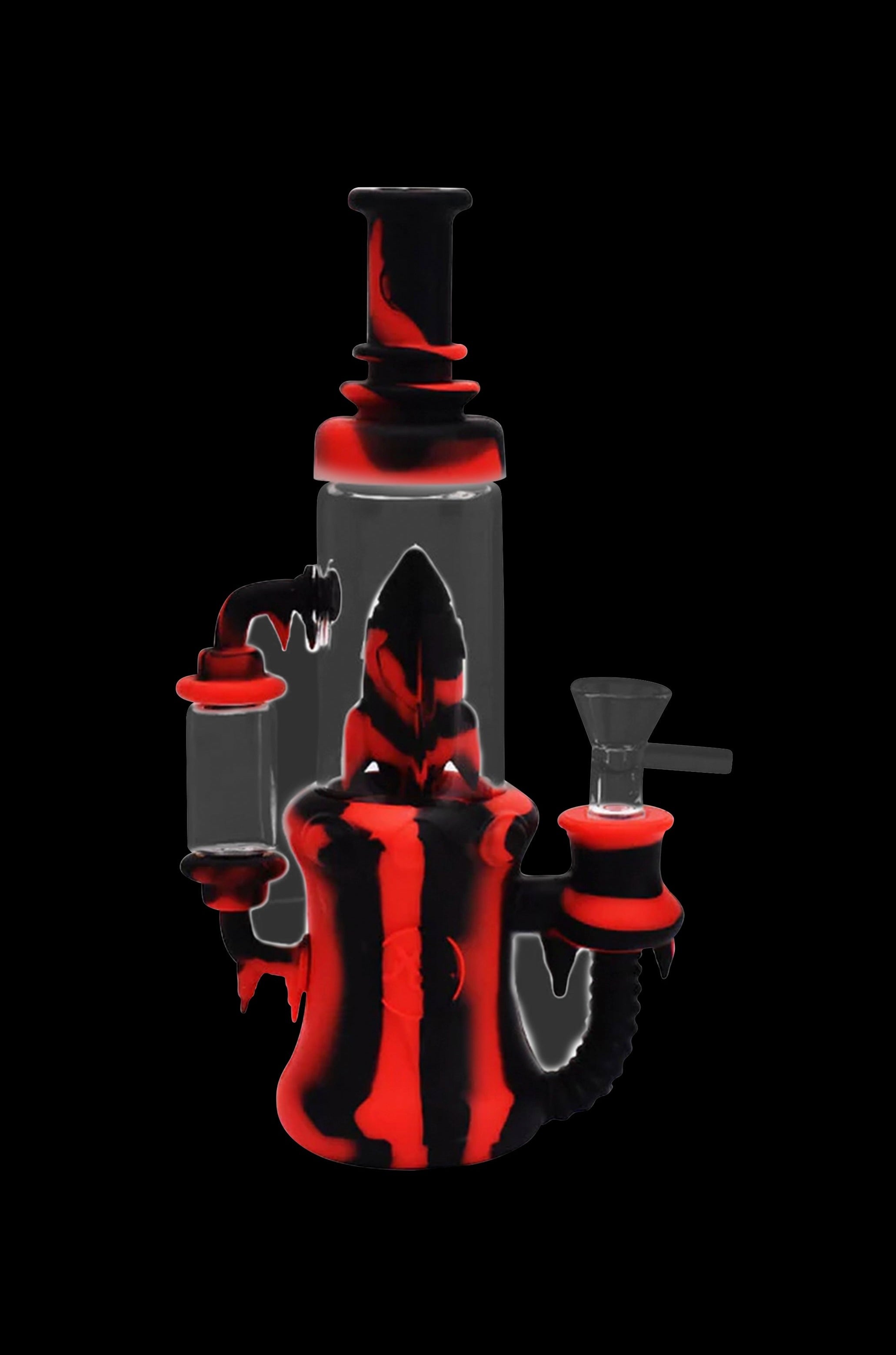 Red and clear glass water pipe (bong) isolated on a black background.