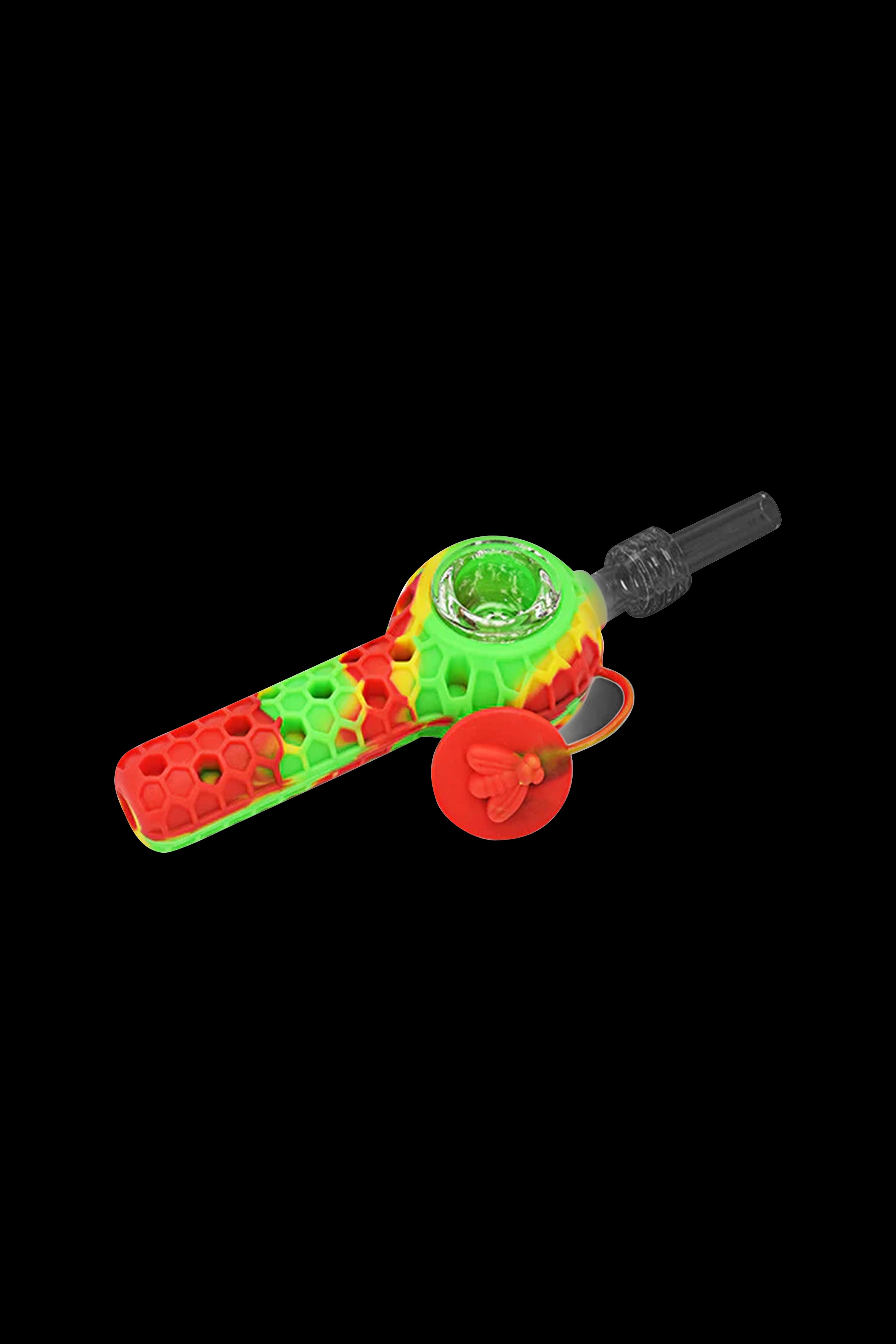 Colorful silicone cannabis pipe with a detachable glass bowl and carb cap, isolated on a black background.