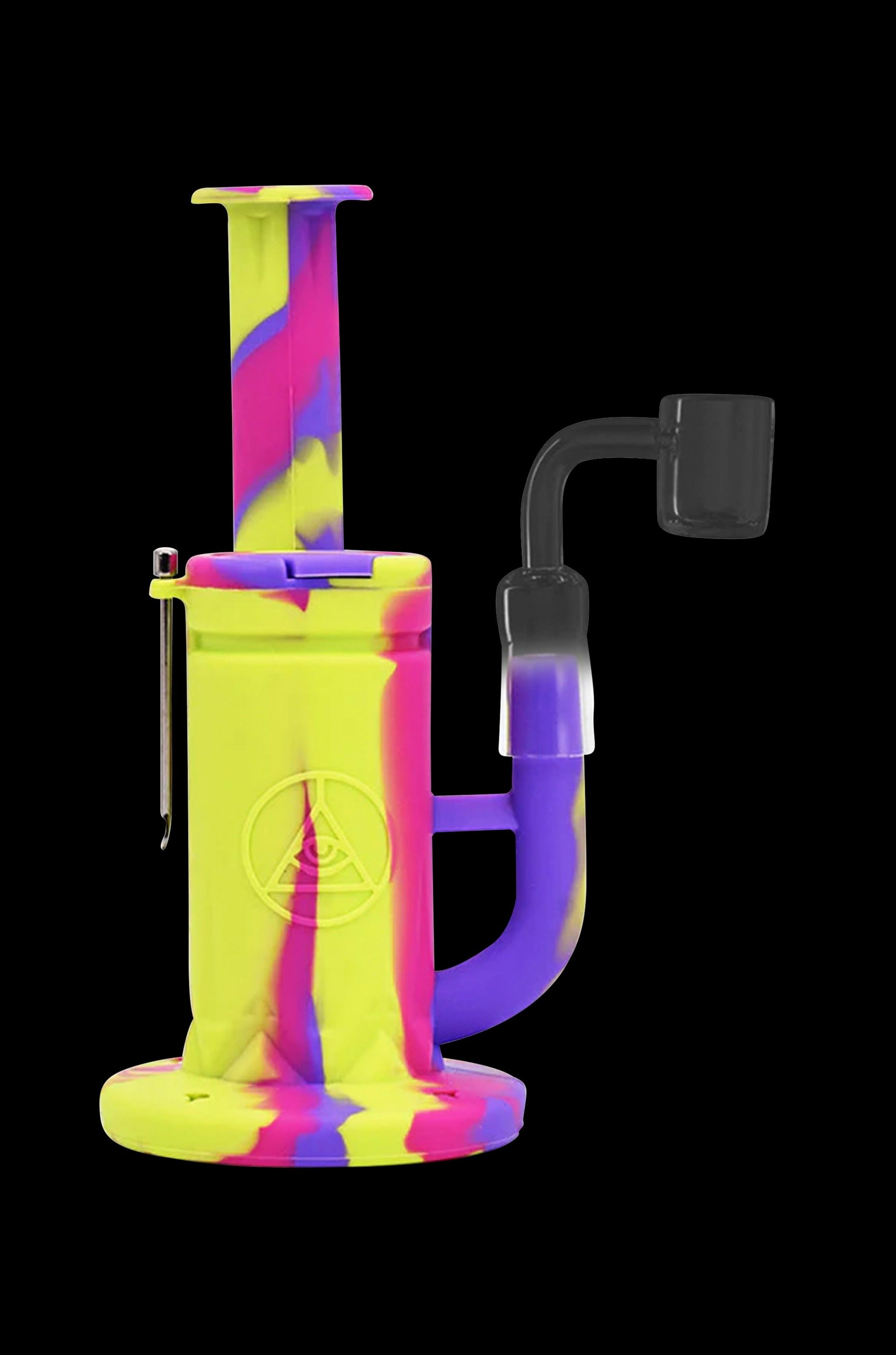 Colorful silicone rig with a quartz banger, isolated on a black background.