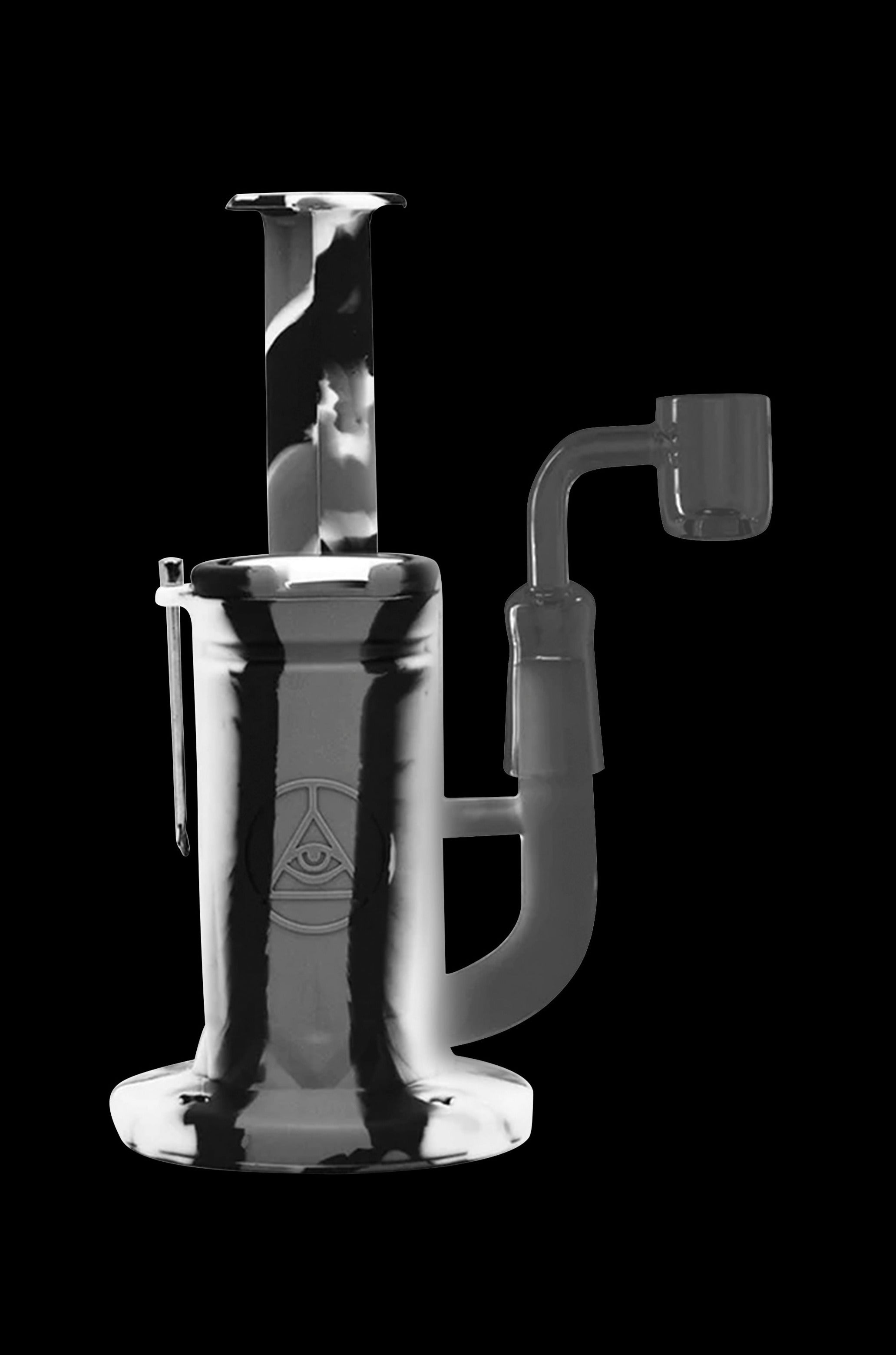 Clear glass dab rig with black splatter accents and a quartz banger.