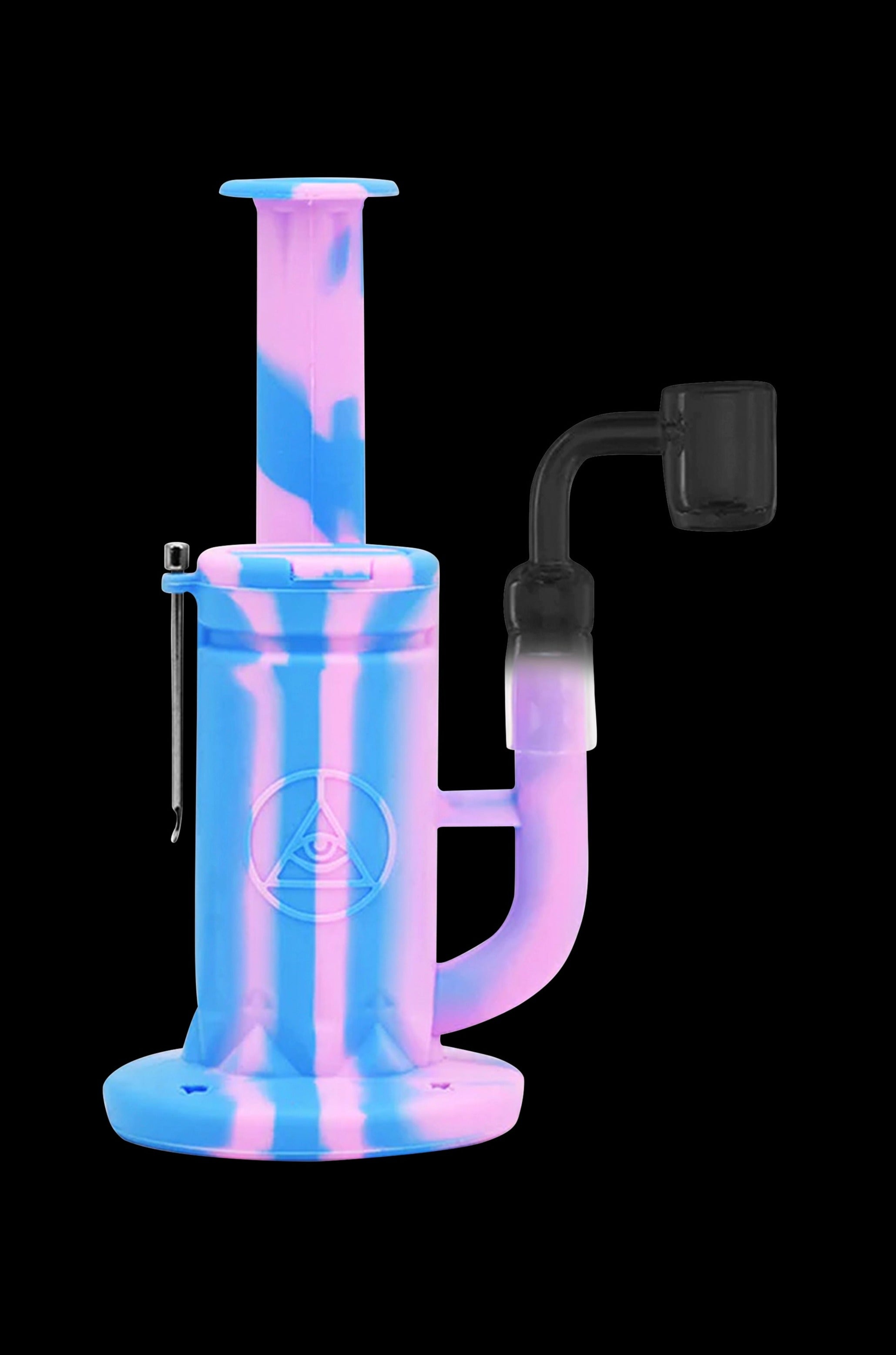 Pink and blue silicone dab rig with a quartz banger.