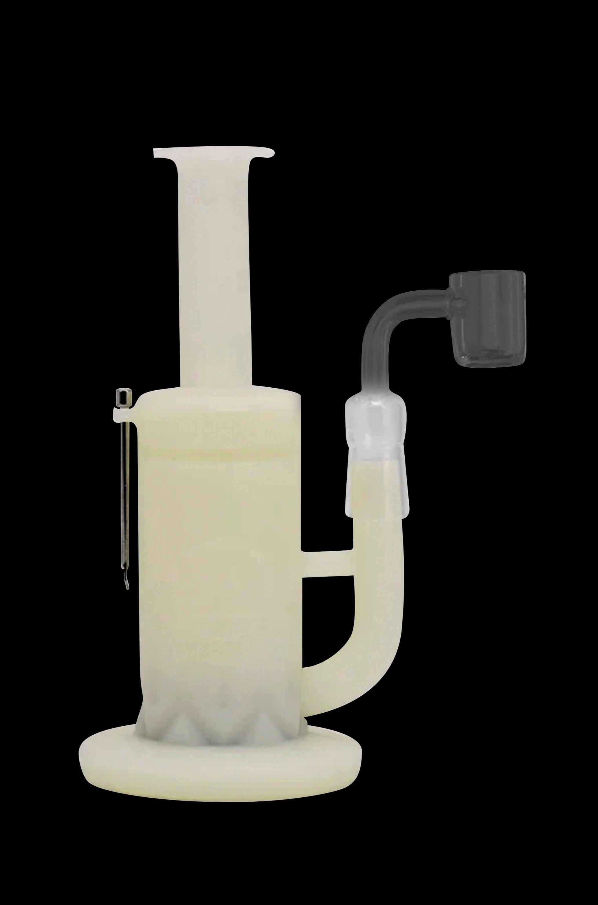 Frosted glass dab rig with quartz banger.