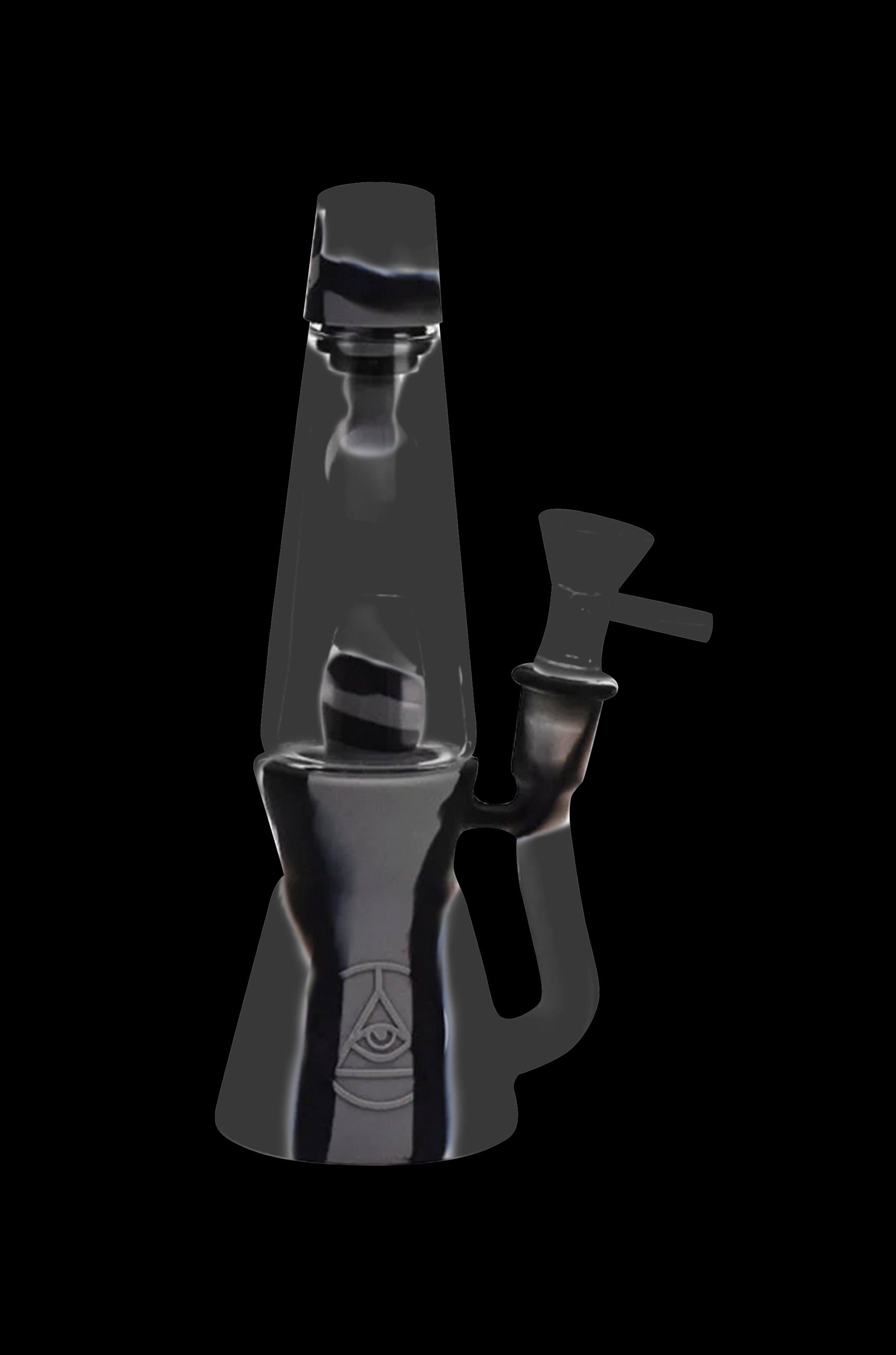 Black glass rig with intricate design and mouthpiece.