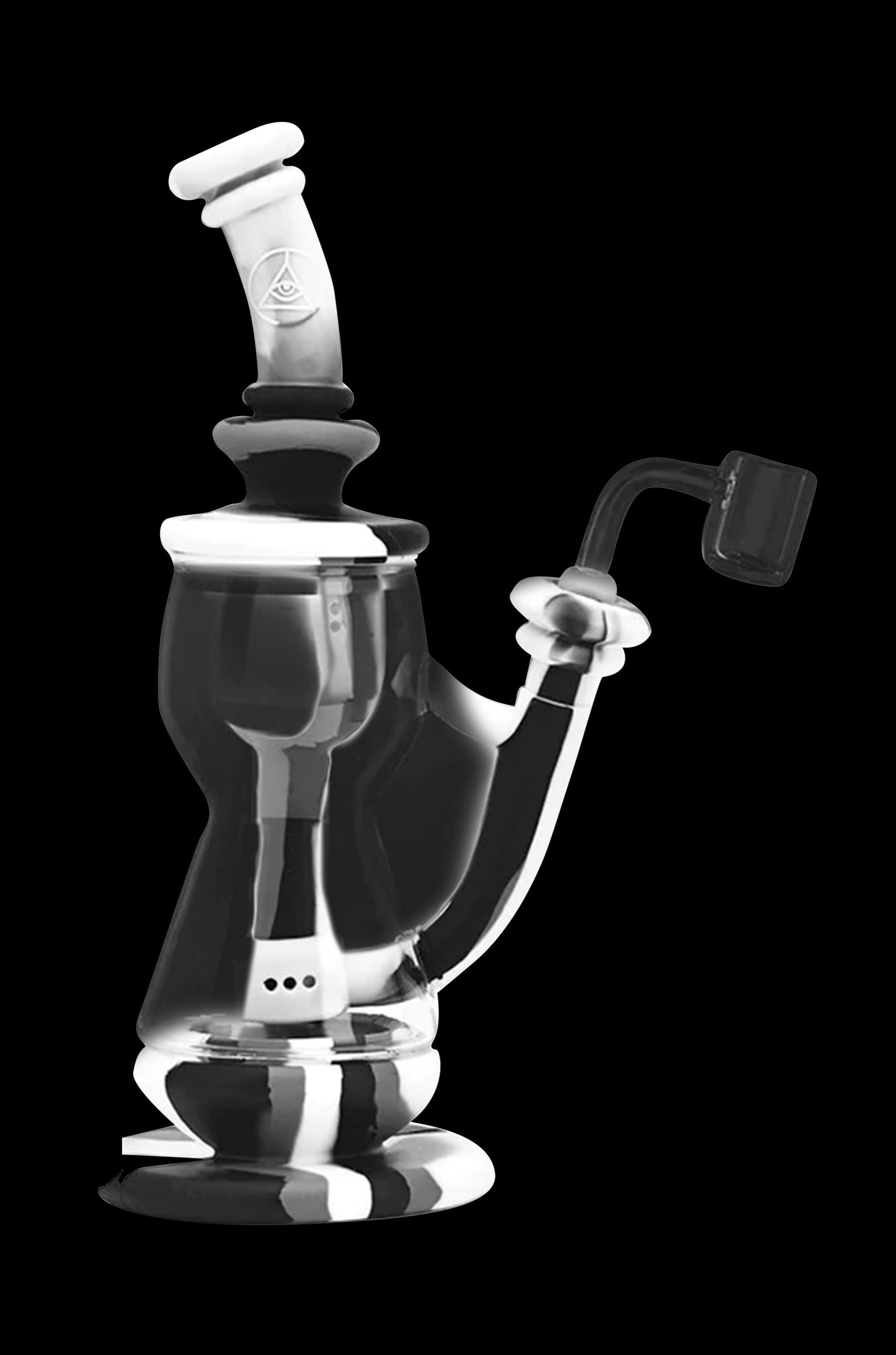 Clear glass dab rig with intricate curves and a quartz banger.