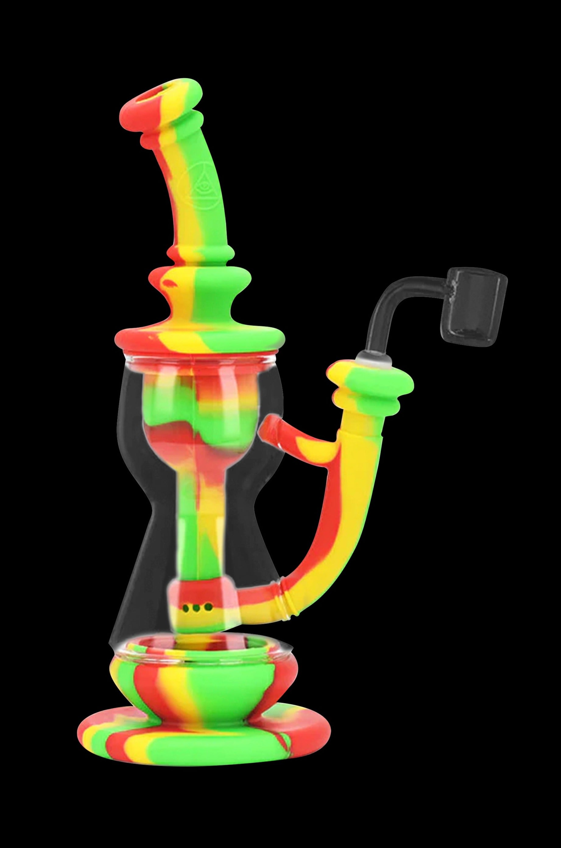 Colorful silicone dab rig with a quartz banger.