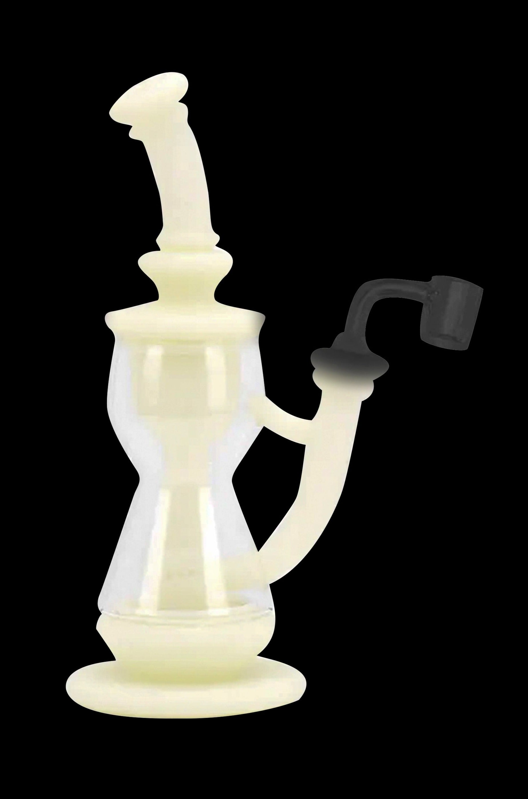 Cream-colored glass dab rig with a unique sculptural form and accompanying nail.