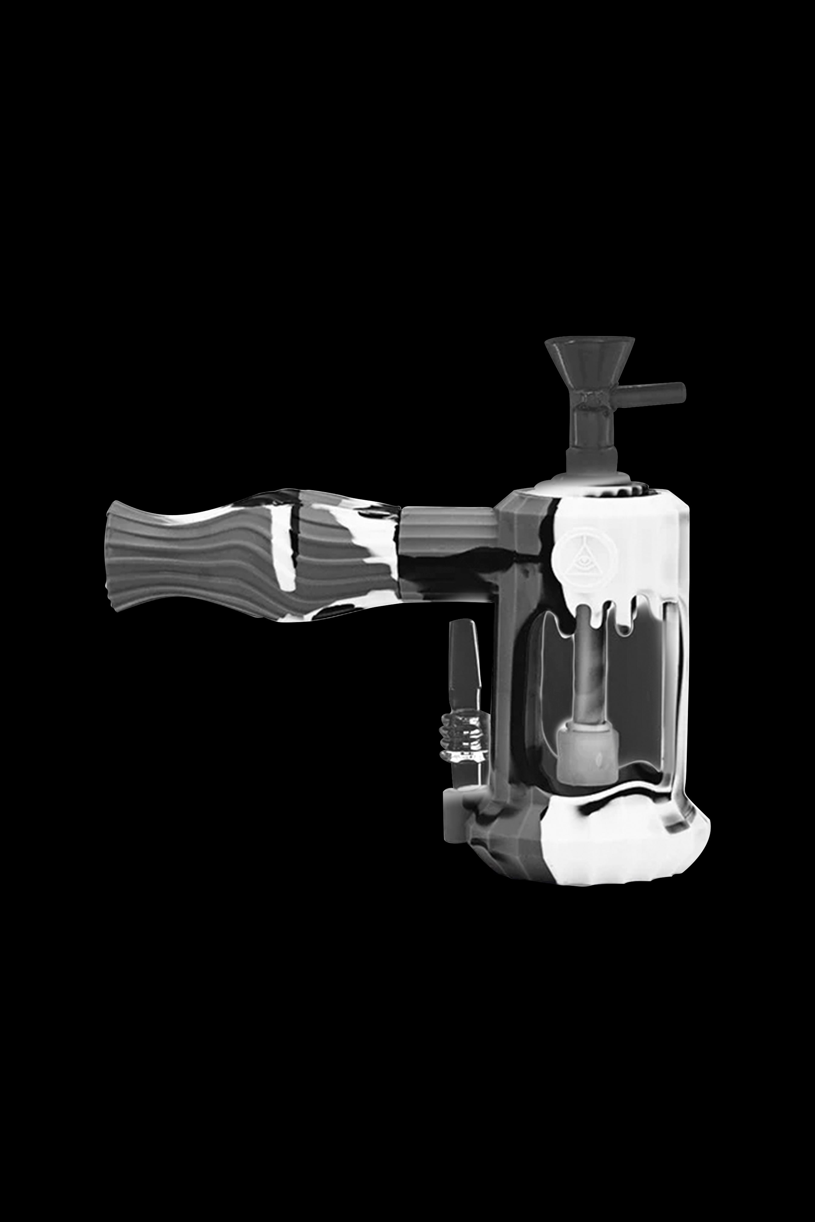 Silver glass rig with intricate design and detachable downstem, isolated on a black background.