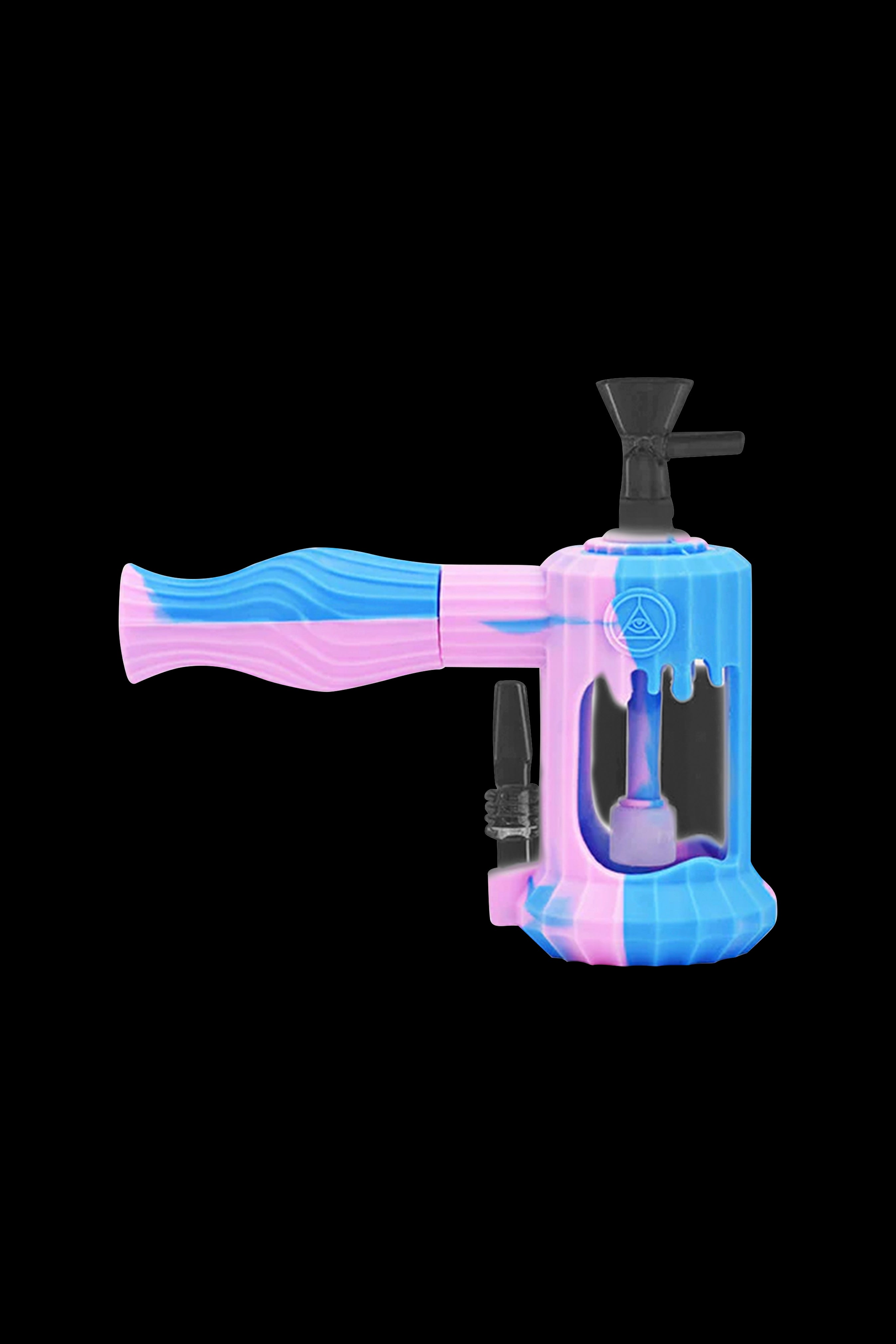 Pink and blue silicone water pipe with glass bowl.