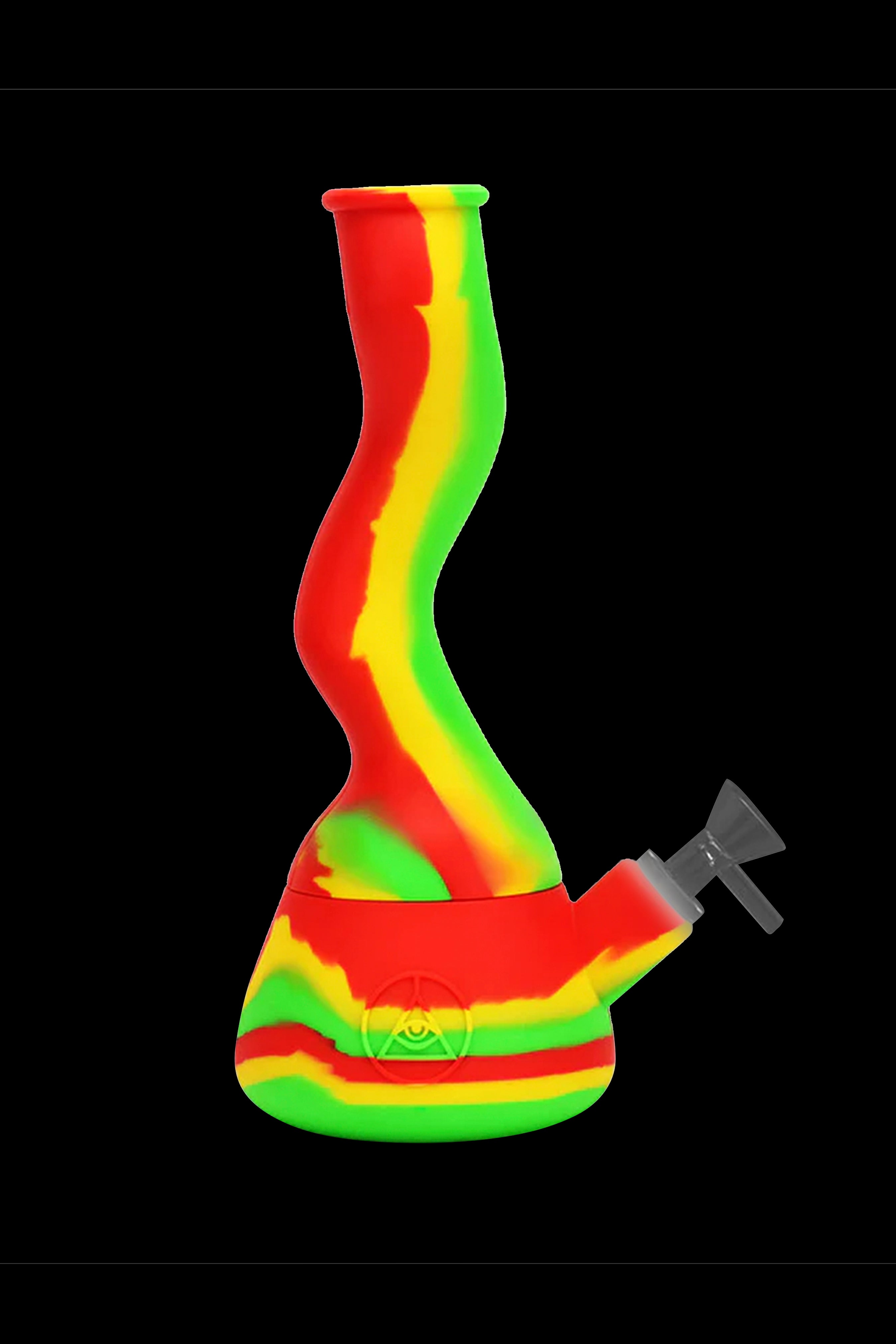Red and green silicone water pipe with a glass downstem.