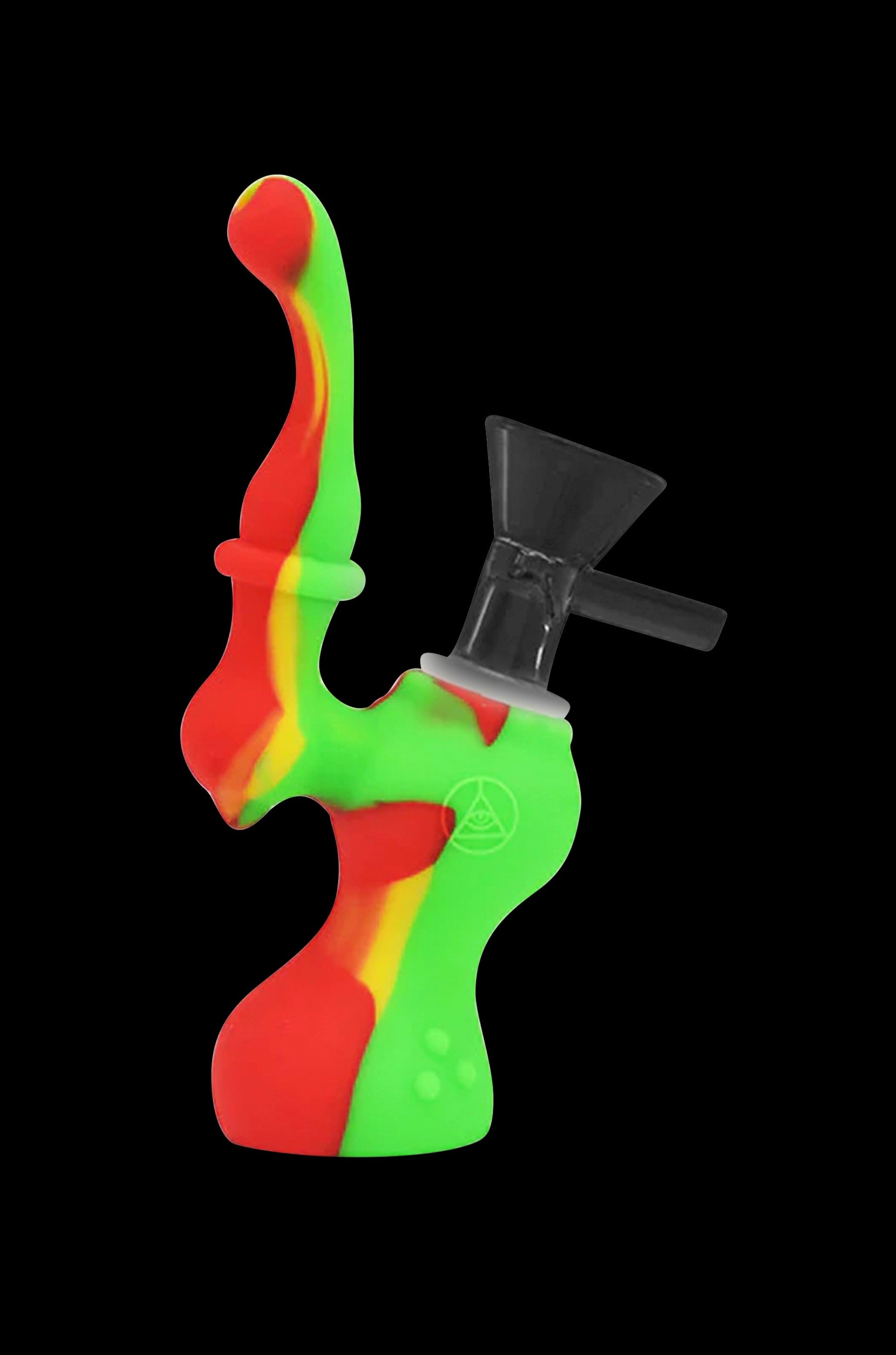 Green and red silicone dab rig with a glass bowl.