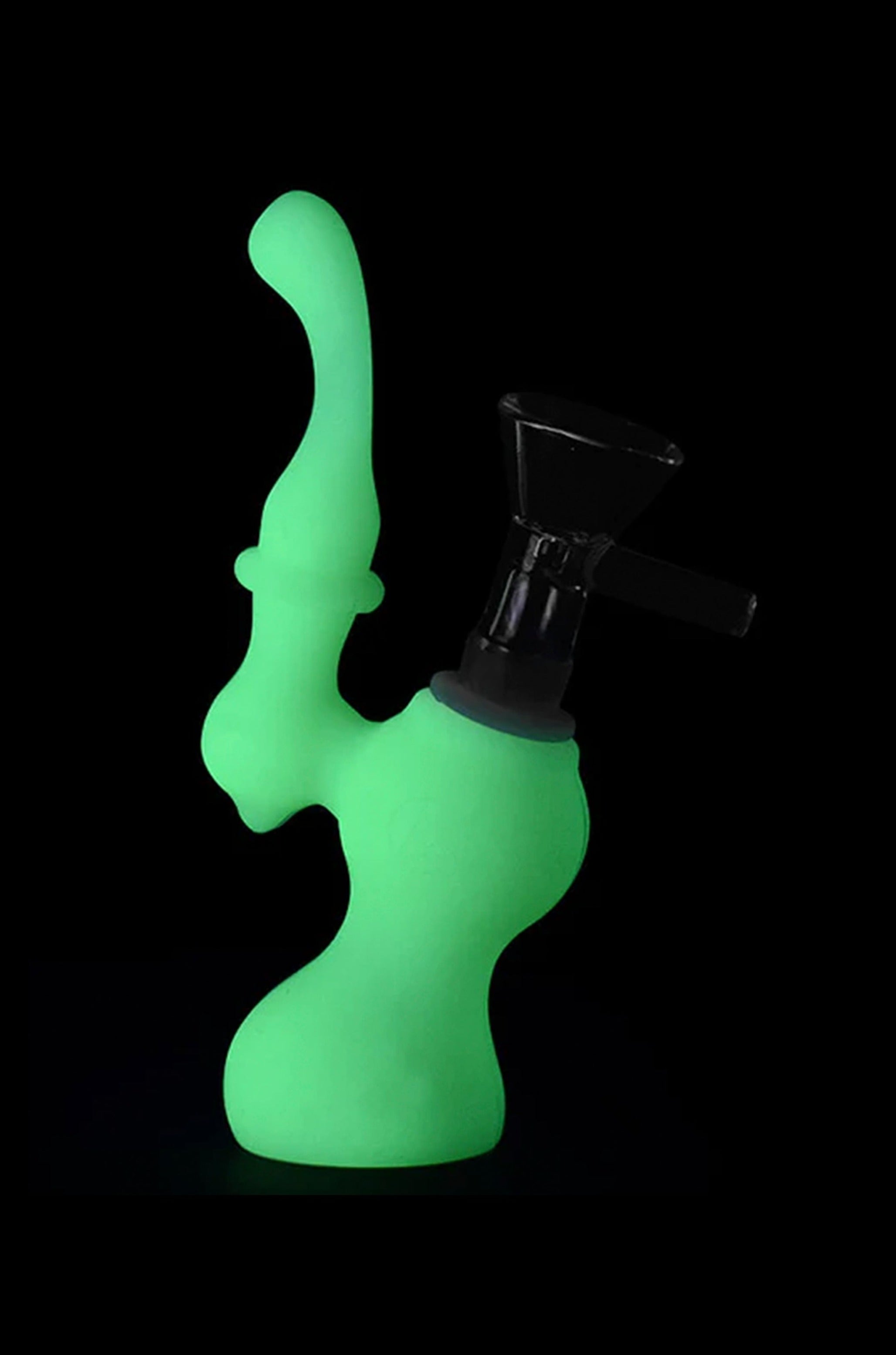 Neon green silicone water pipe (rig) with a glass bowl, isolated on a black background.