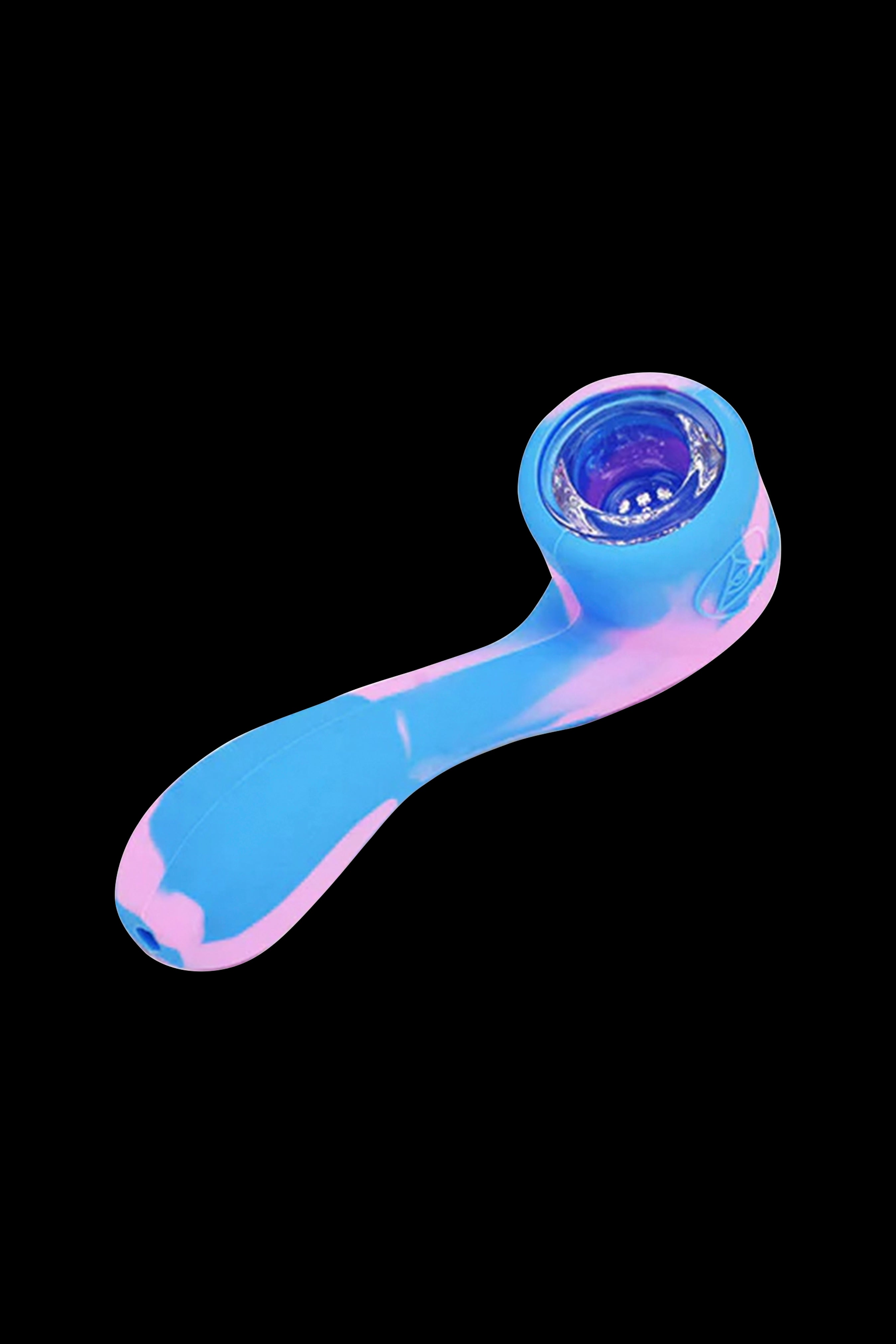 Blue and pink silicone smoking pipe isolated on a black background.