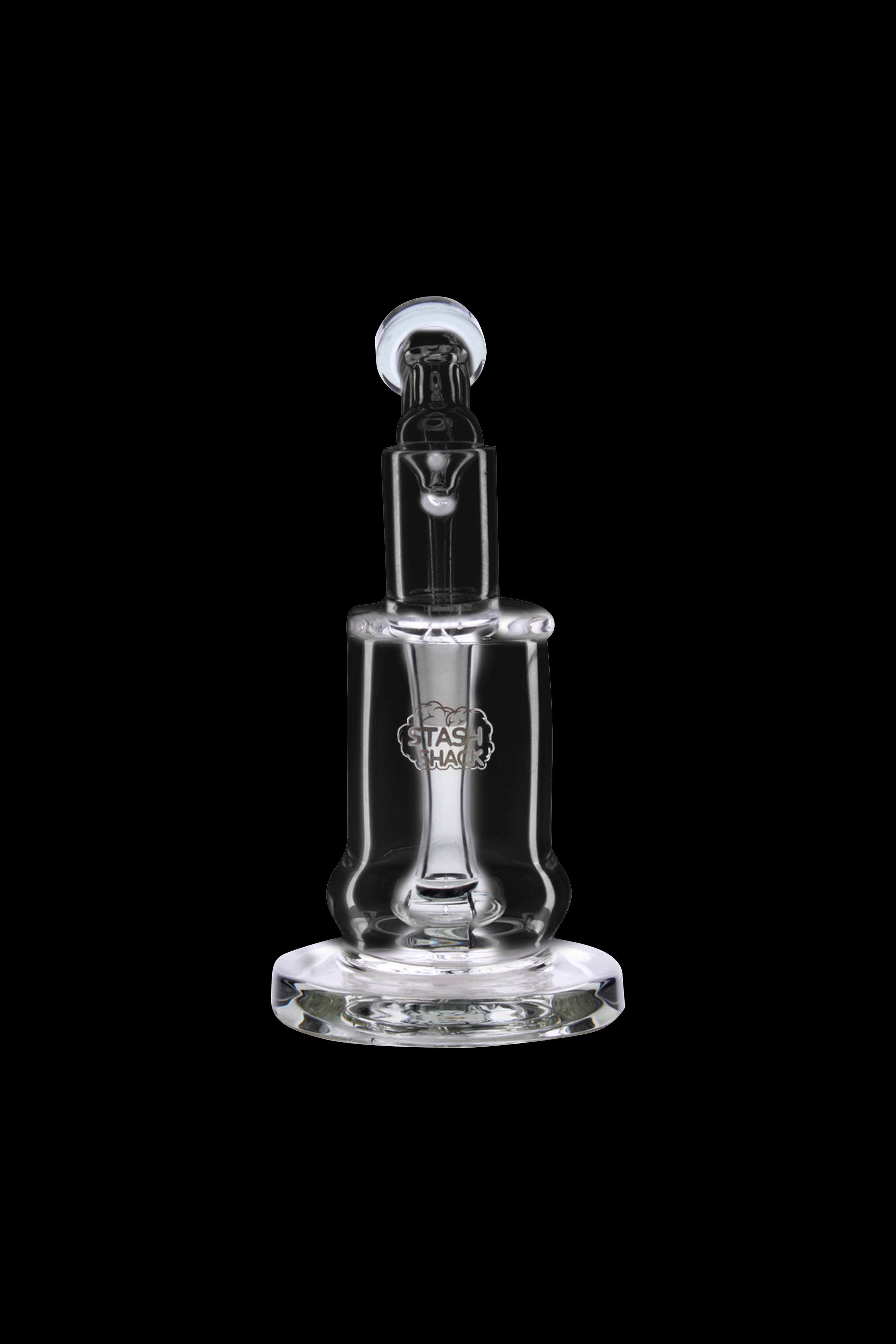 Clear glass dab rig with etched logo, isolated on black.