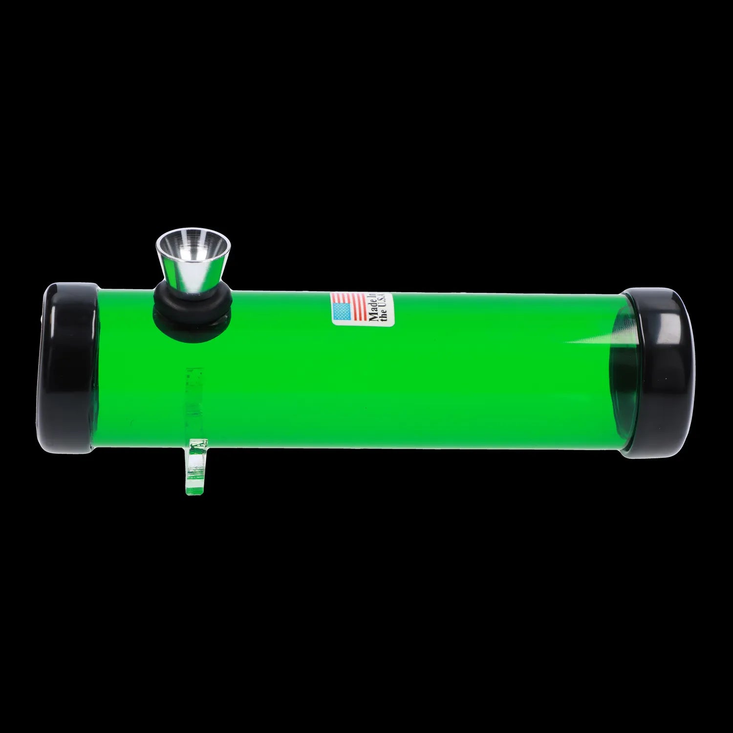 Side-on view of the JM Plastics Simply Smokey Acrylic Steam Roller - 6 in. in bright green with black end caps and a metal bowl against a black background.