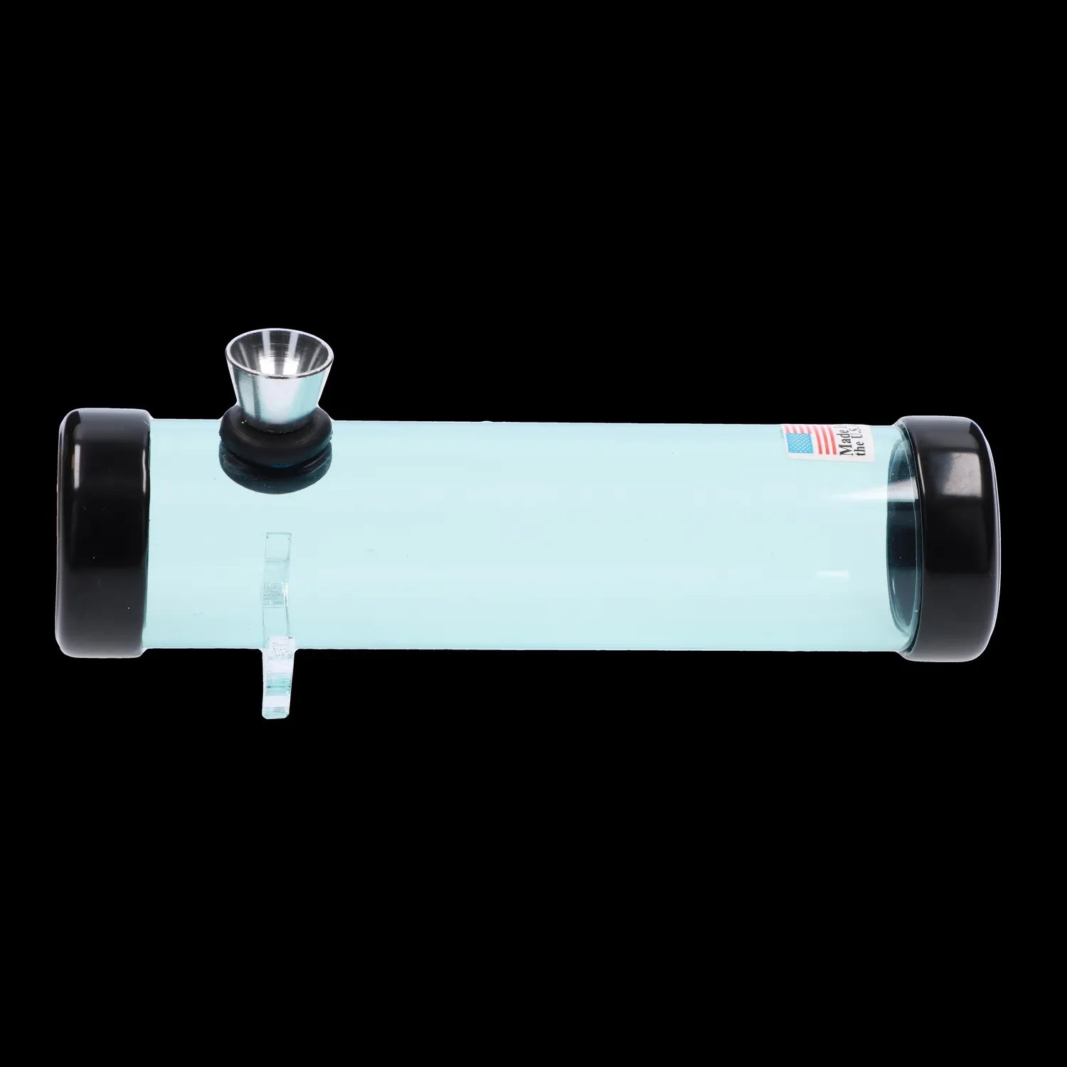 Side view of the JM Plastics Simply Smokey Acrylic Steam Roller - 6 in. showing a horizontal light-blue acrylic tube with black end caps and a metal bowl against a black background